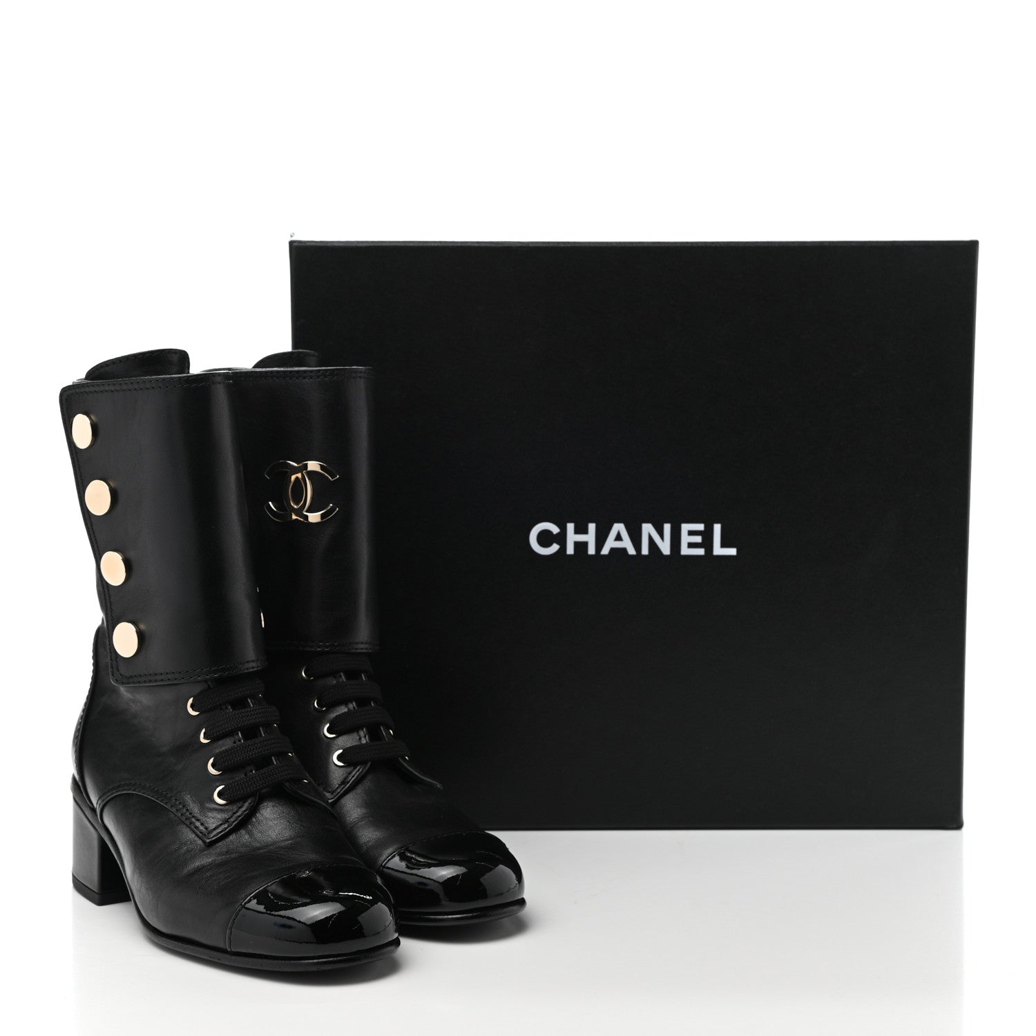 Chanel Calfskin Patent Cap Toe CC Lace Up Boots 35 Black 9 of 9