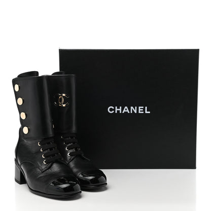 Chanel Calfskin Patent Cap Toe CC Lace Up Boots 35 Black 9 of 9