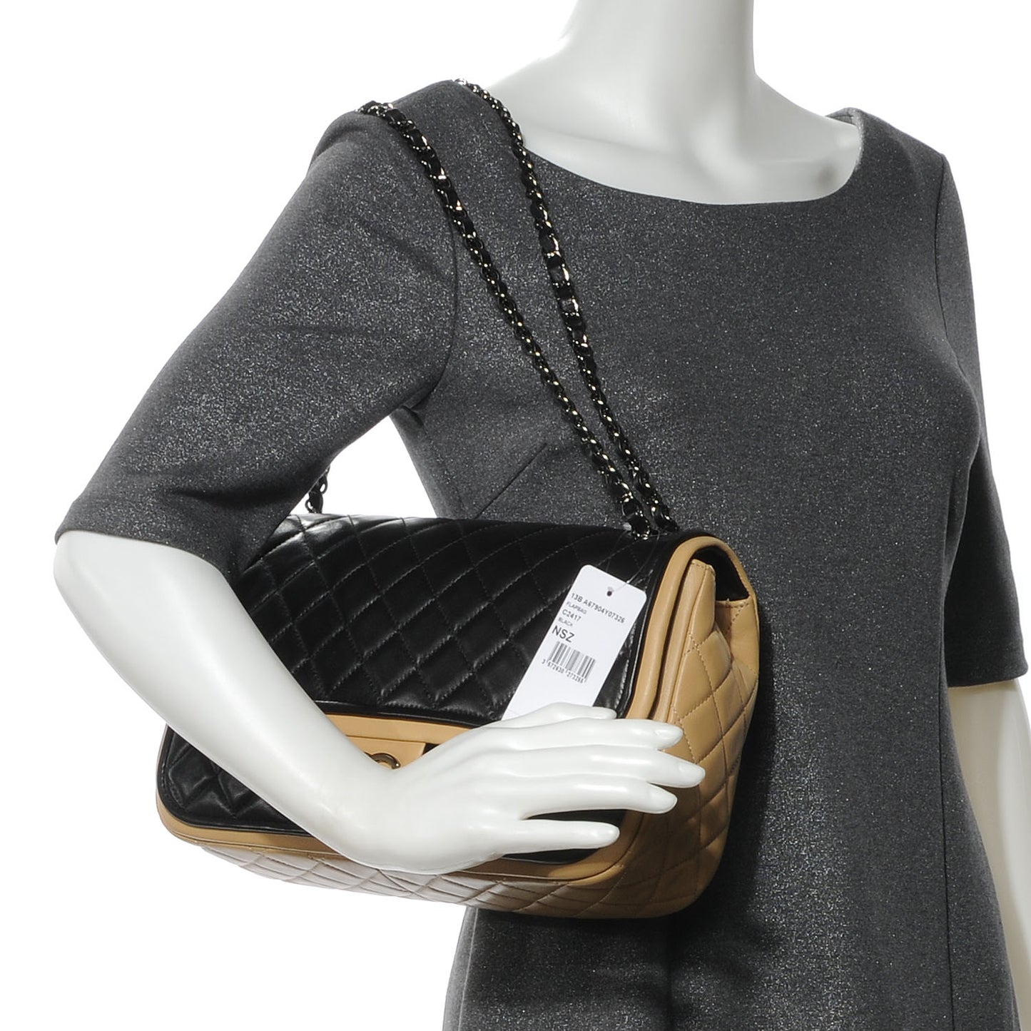 Lambskin Quilted Jumbo Classic Twist Flap Bag Black Beige