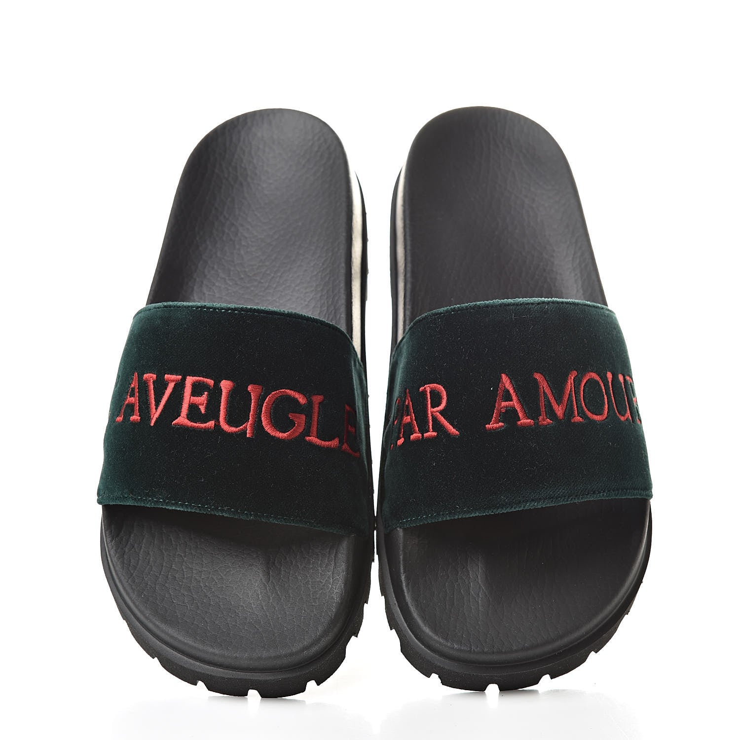 Gucci Velvet Aveugle Par Amour Mens Lug Sole Slide Sandals 7 Green 5 of 8