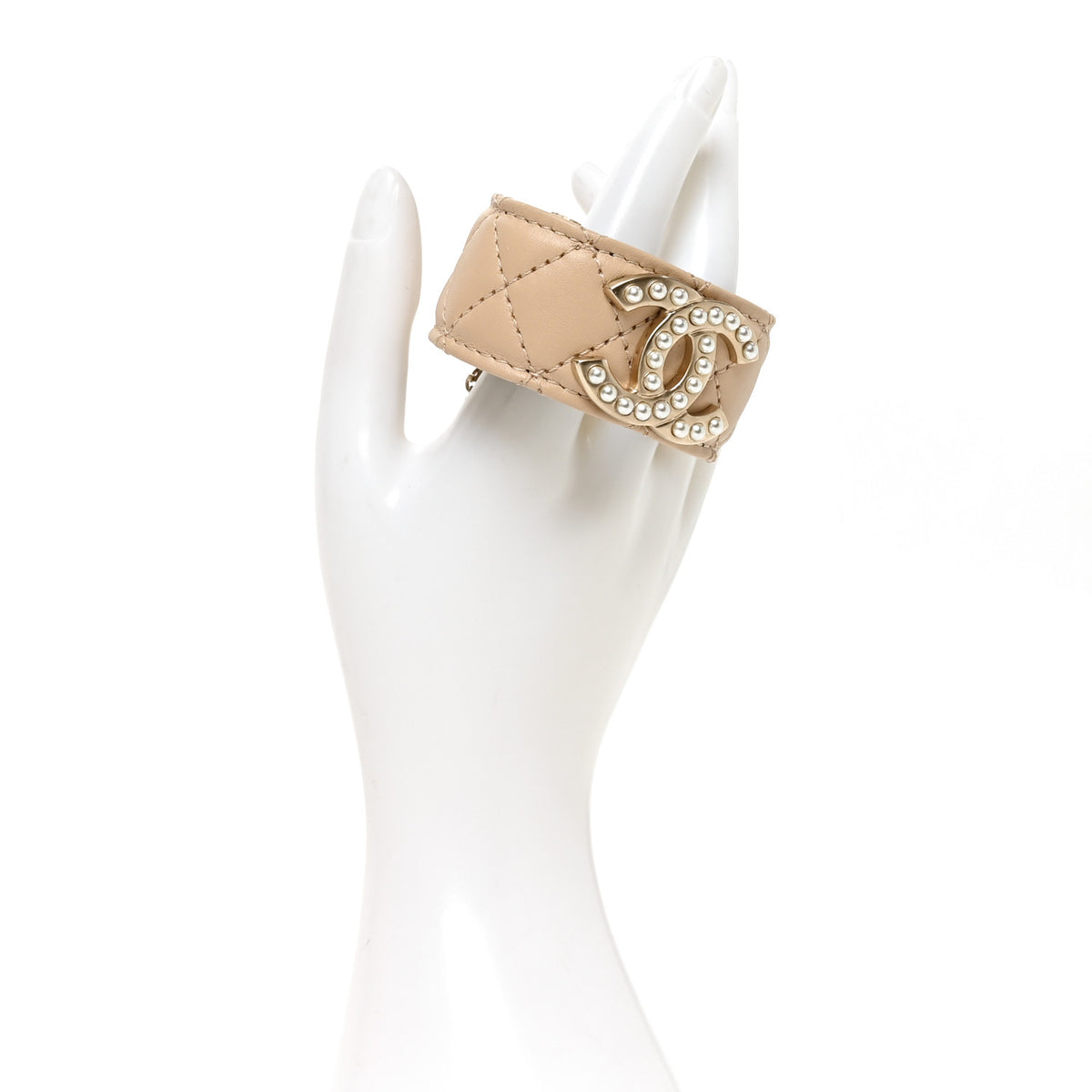 Chanel Lambskin Quilted Pearl CC Cuff Bracelet S Beige 2 of 4