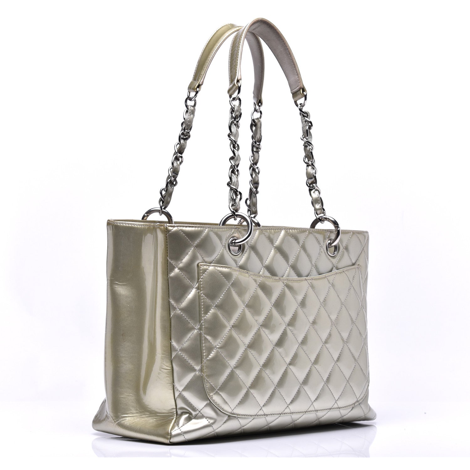 Chanel Patent Quilted Grand Shopping Tote GST Silver Gold 3 of 11