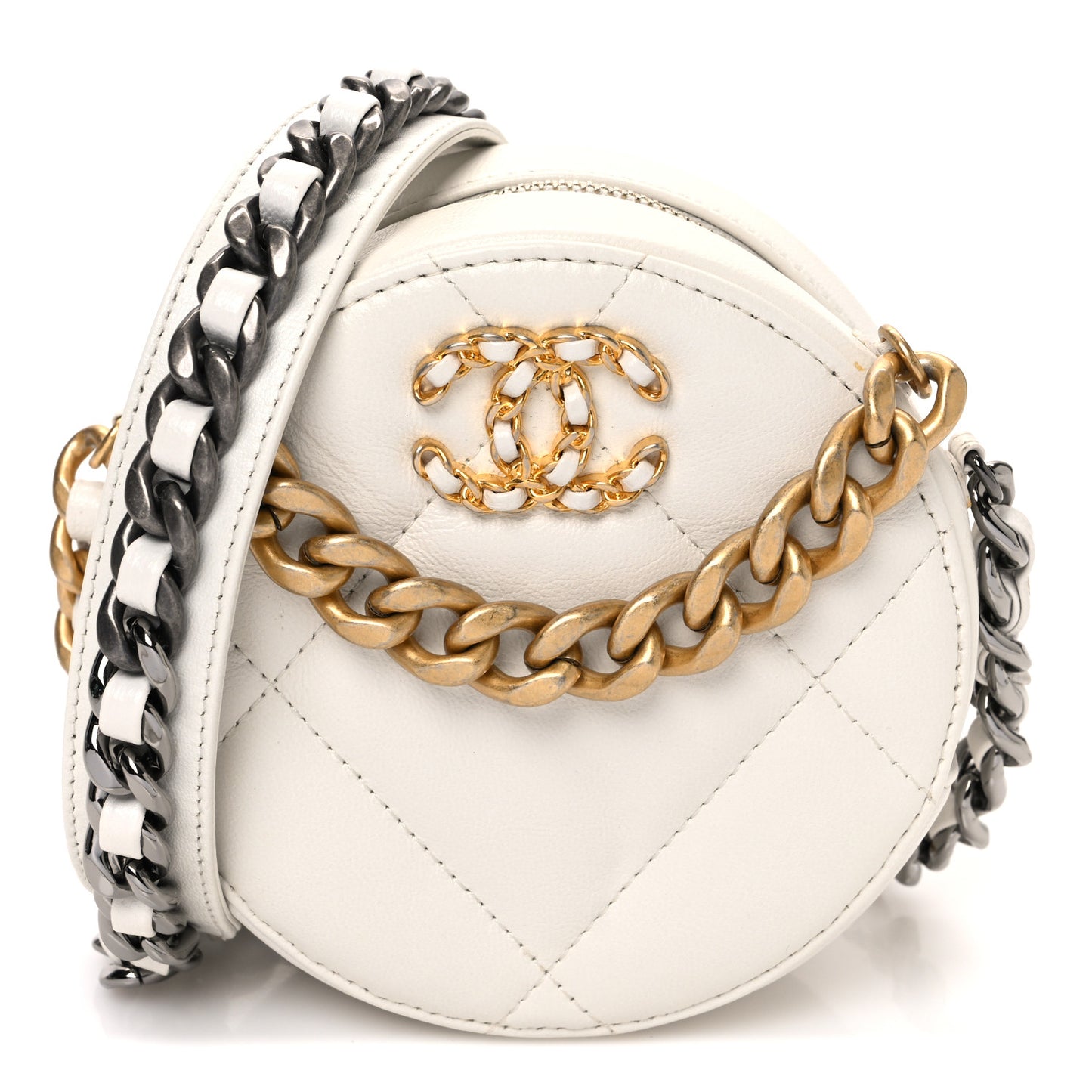 Shiny Goatskin Quilted Chanel 19 Round Clutch With Chain White