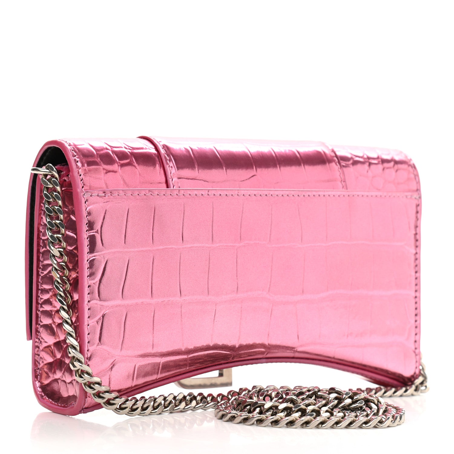 Balenciaga Metallic Shiny Calfskin Crocodile Embossed Hourglass Chain Bag Pink 3 of 10