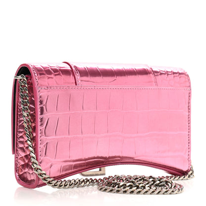 Balenciaga Metallic Shiny Calfskin Crocodile Embossed Hourglass Chain Bag Pink 3 of 10