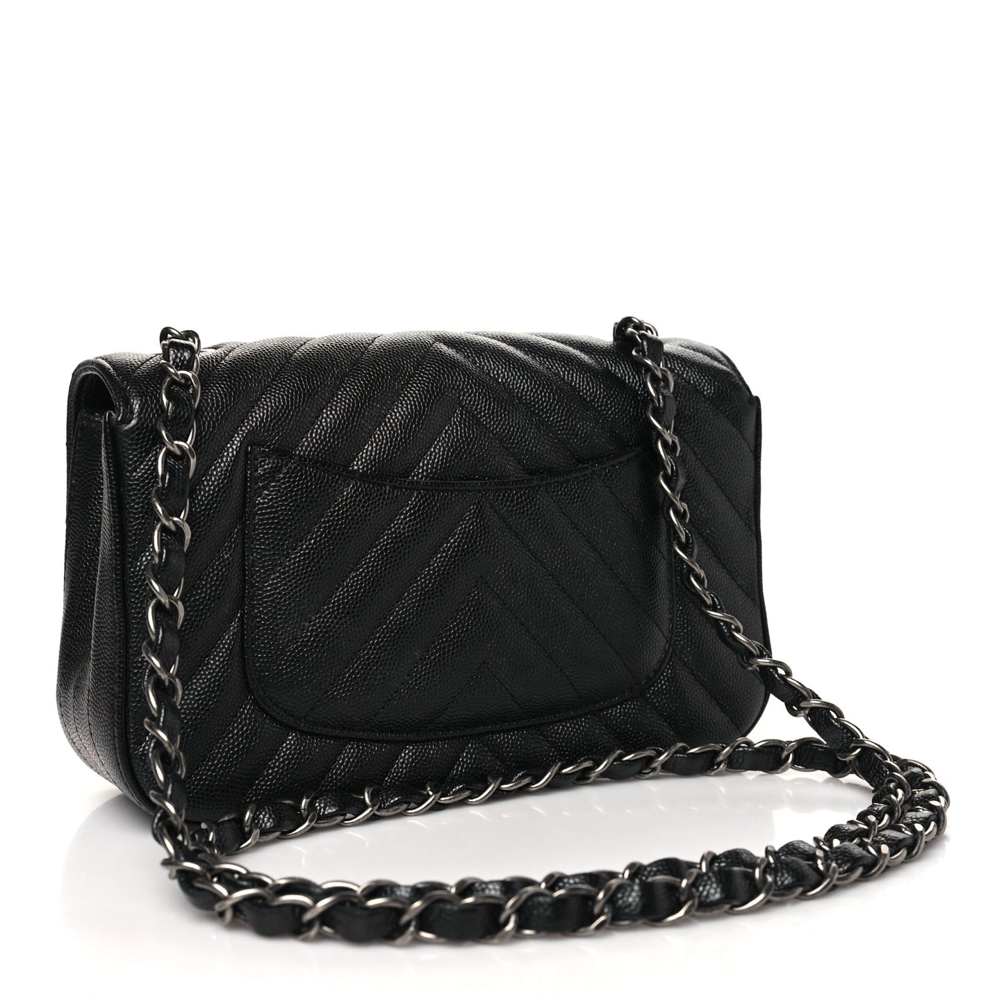 Metallic Caviar Chevron Quilted Mini Rectangular Flap Black