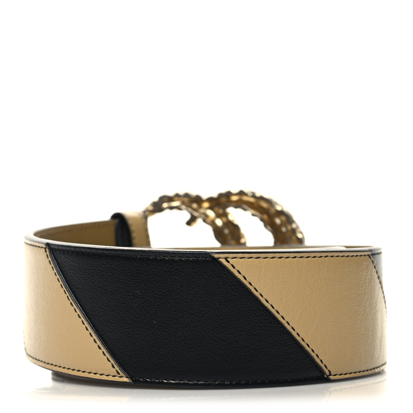 Calfskin Striped Textured Double G 50mm Belt 80 32 Black Beige