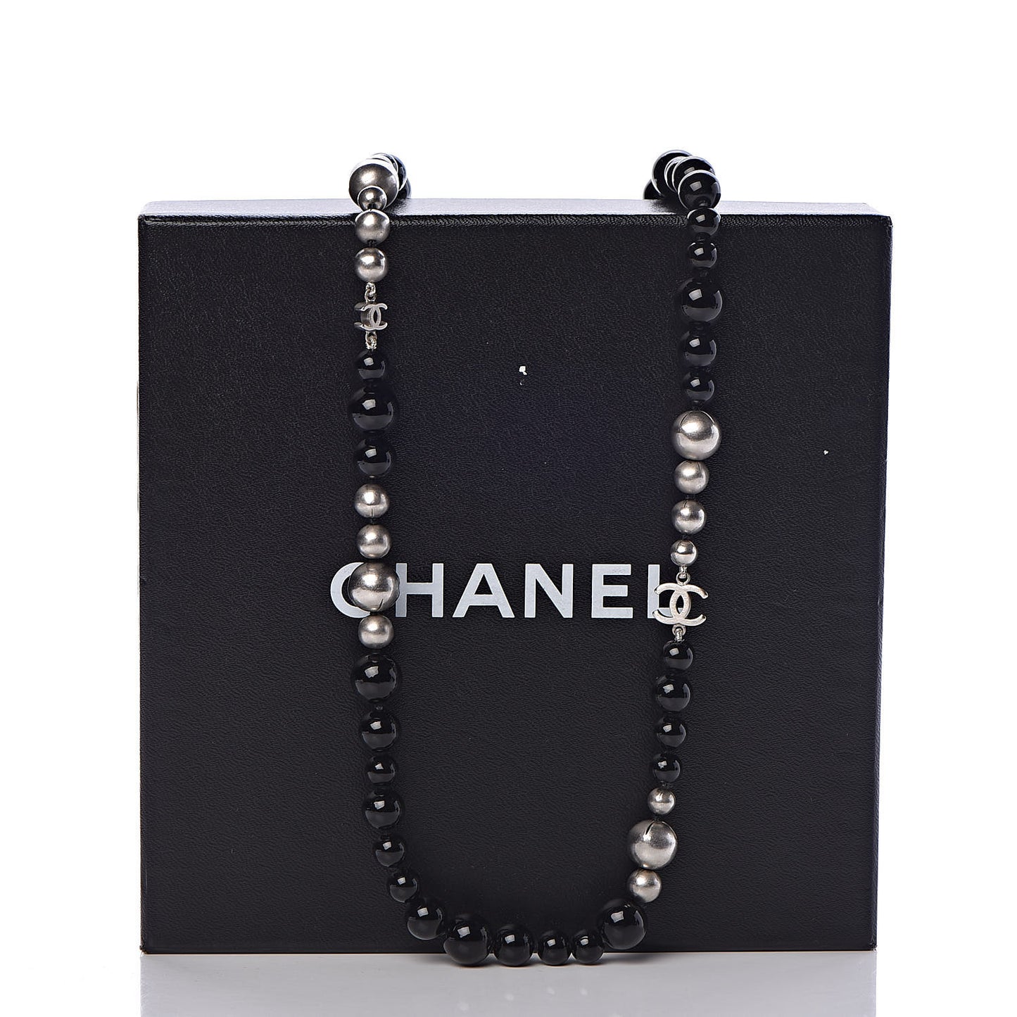 Pearl Beaded CC Long Necklace Black