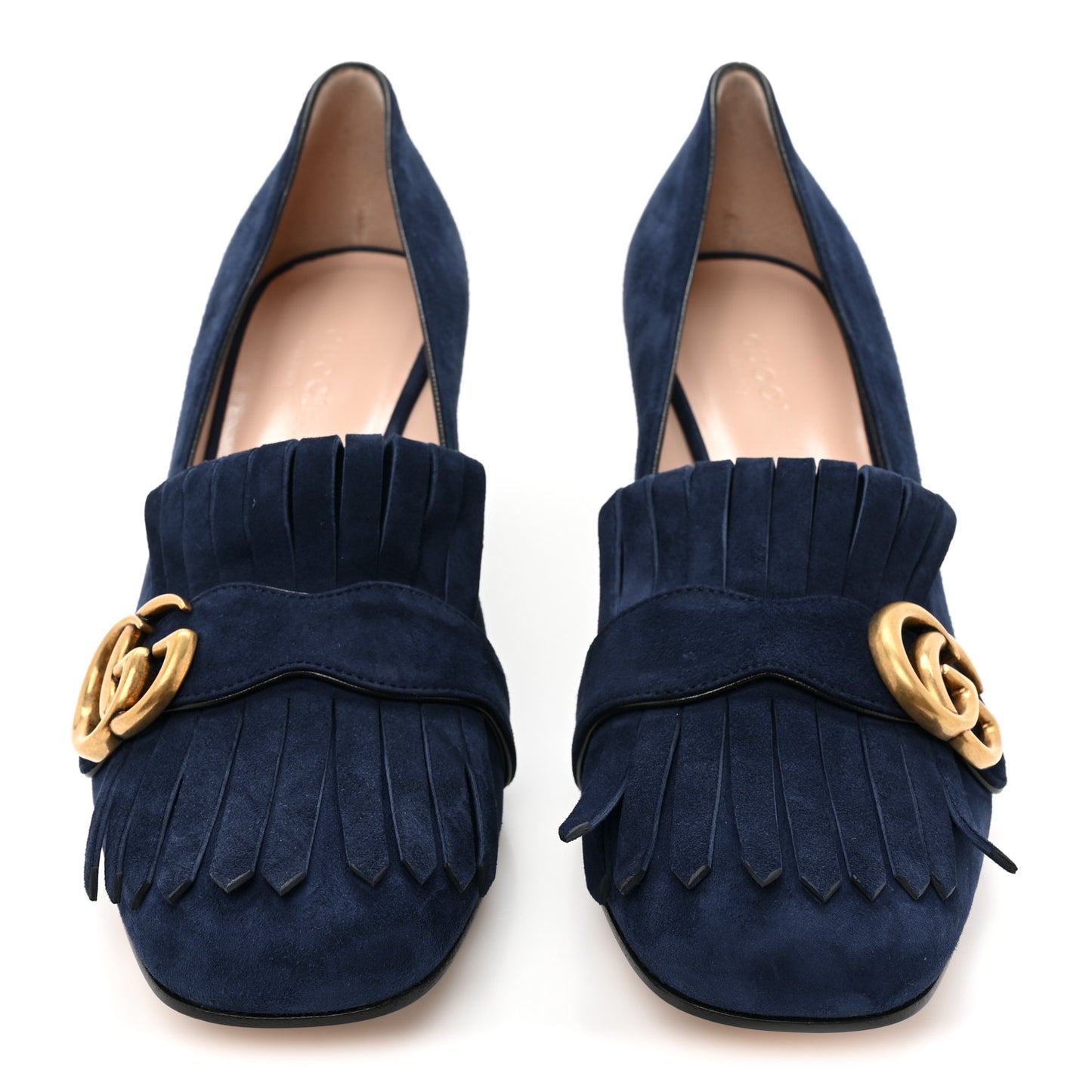 Kid Scamosciato GG Marmont Fringe 50mm Loafer Pumps 38.5 Blue Ink