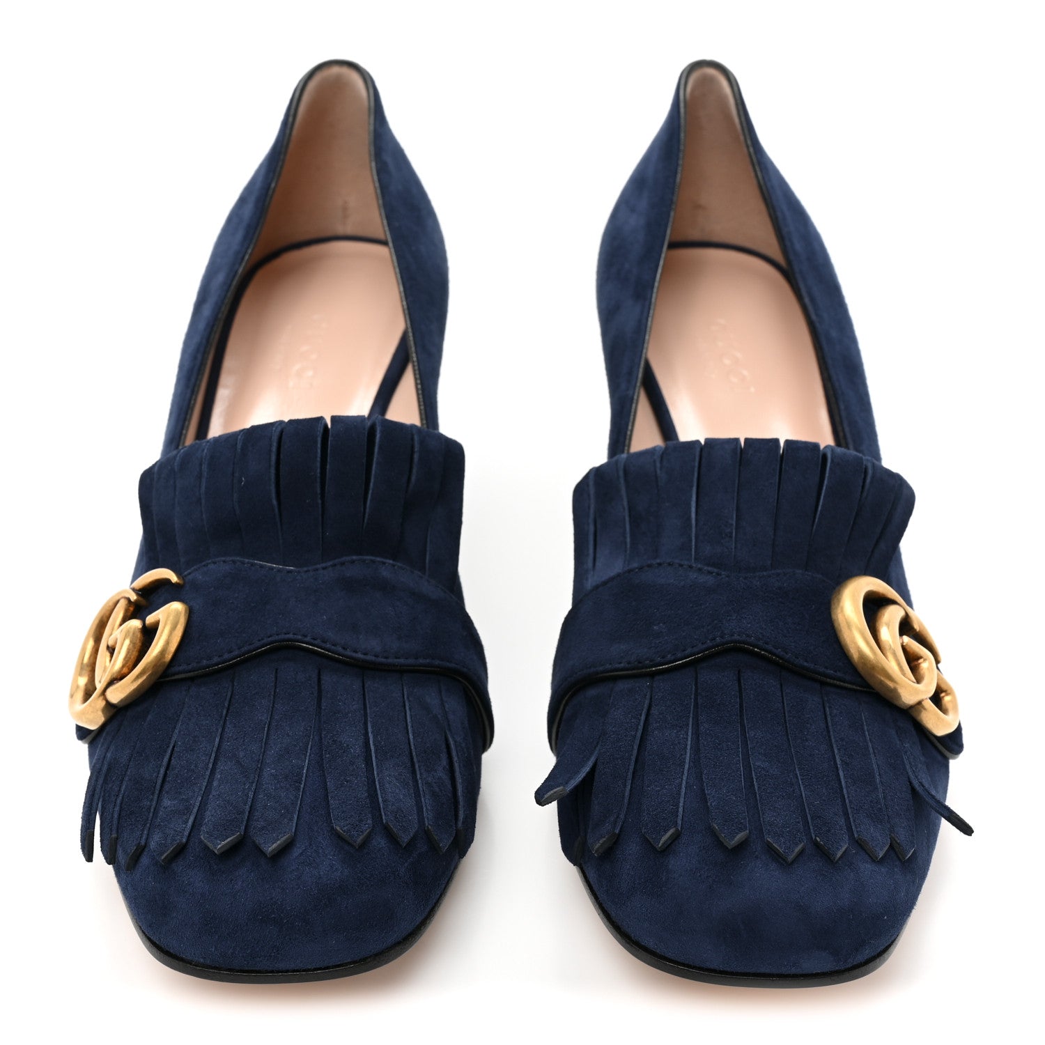 Gucci Kid Scamosciato GG Marmont Fringe 50mm Loafer Pumps 38.5 Blue Ink 2 of 9