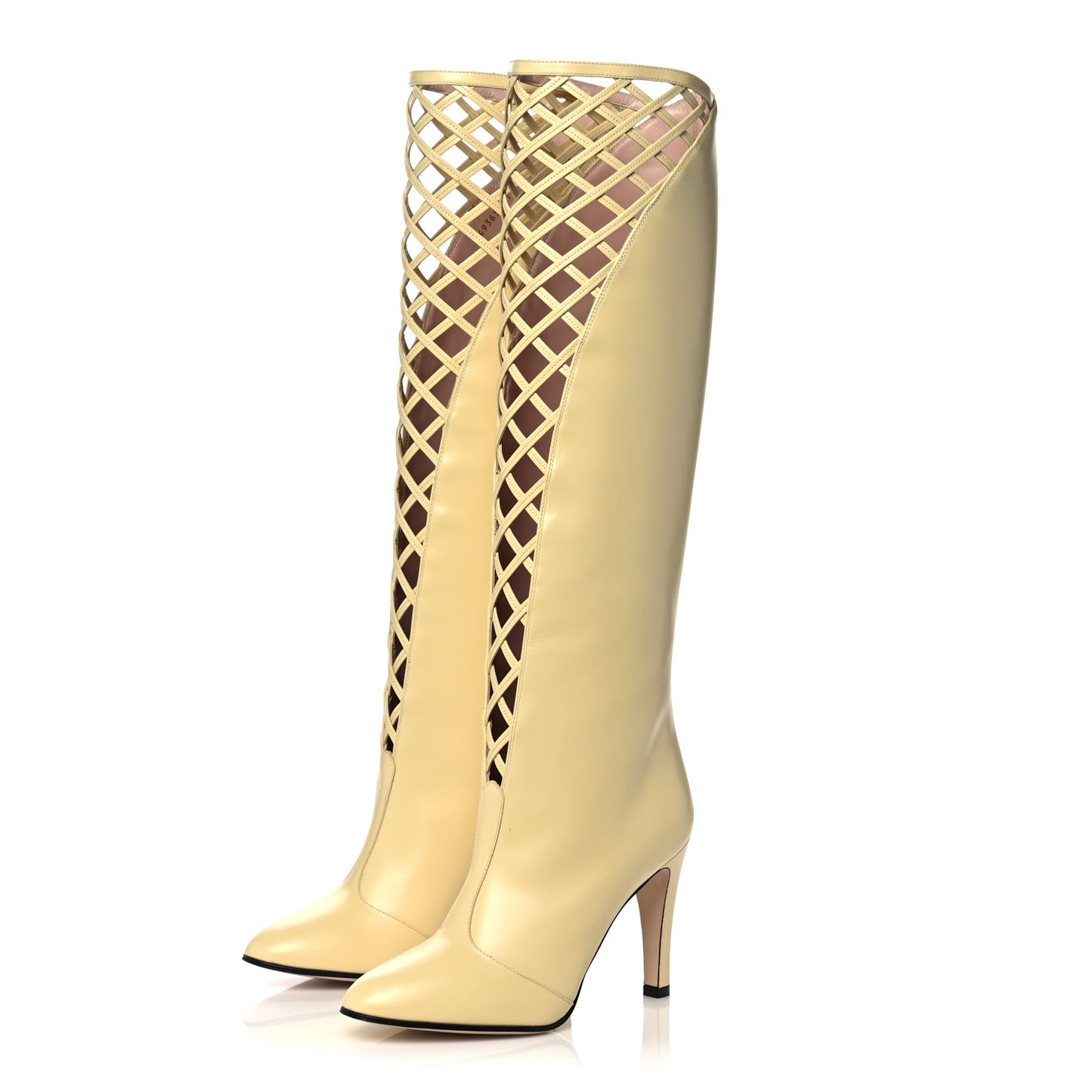 Plume Calfskin Damir Lattice Cutout Knee High Boot 37 Butter