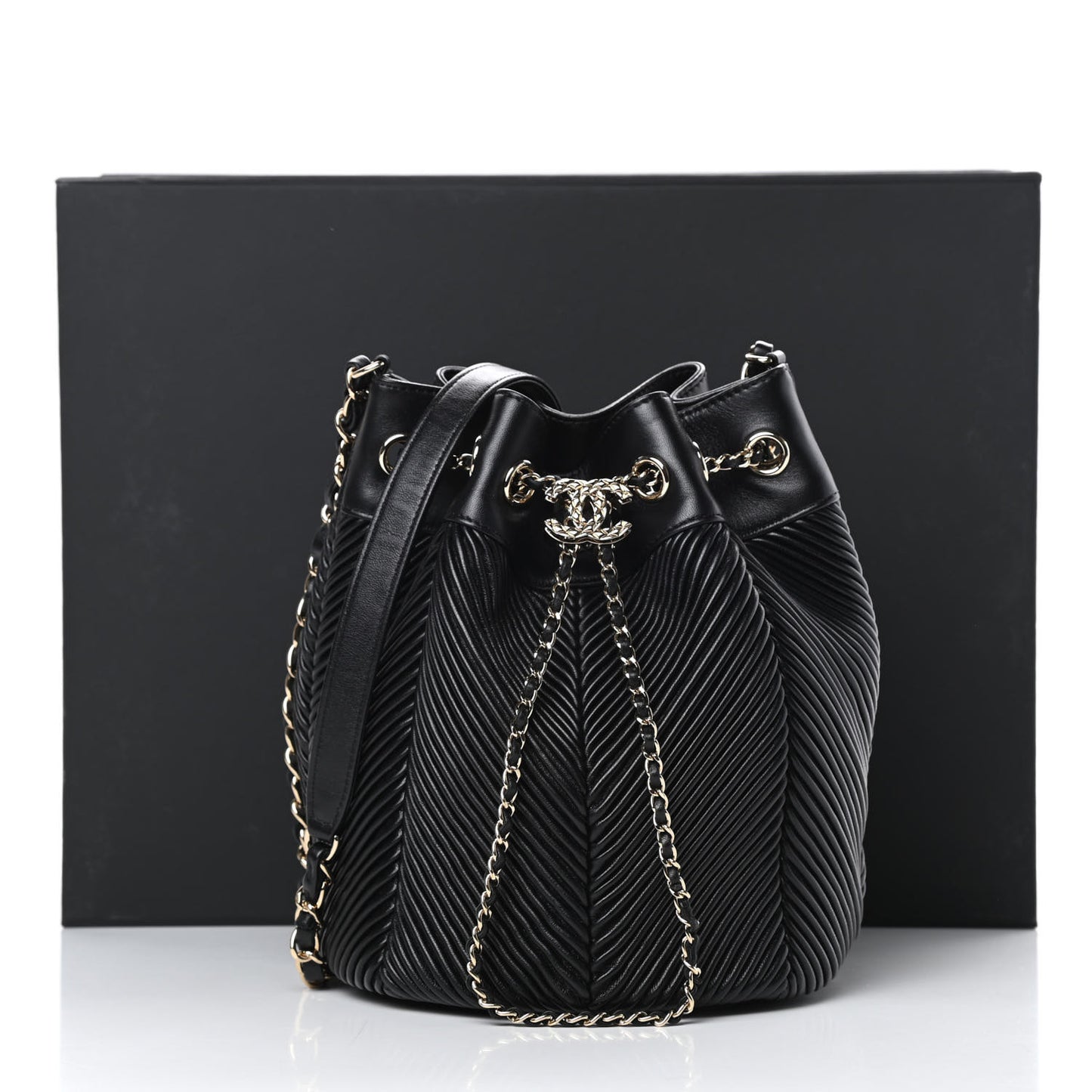 Lambskin Chevron Drawstring Bag Black