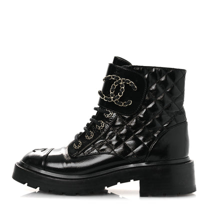 Chanel Shiny Calfskin Quilted Lace Up Combat Boots 37 Black 2 of 28