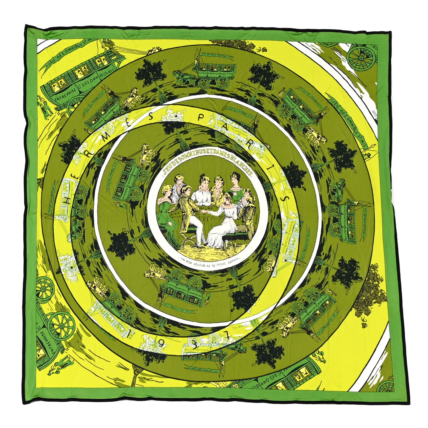 Silk Jeu Des Omnibus 1937 2007 Scarf 90 Vert Vif Chartreuse White