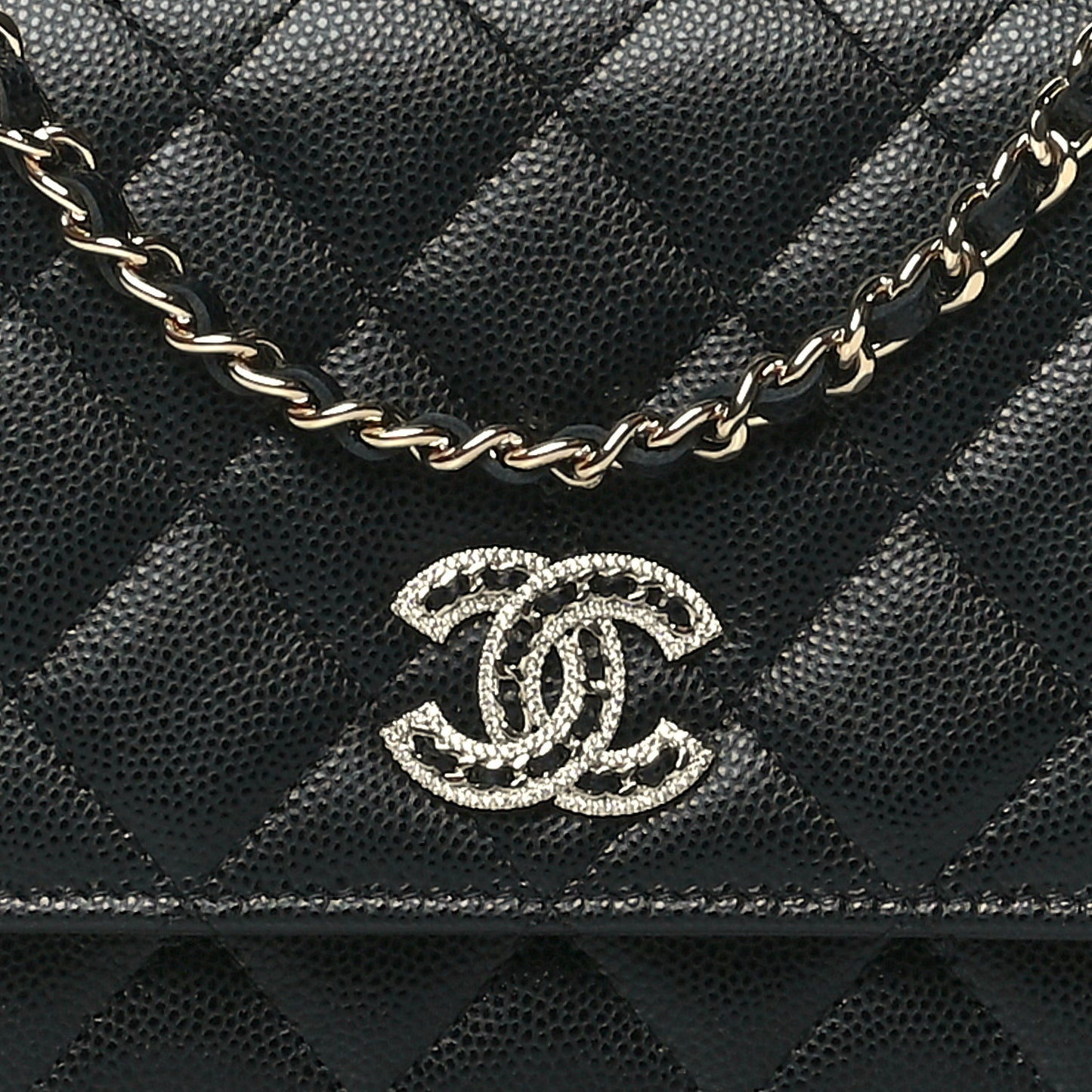 Caviar Quilted Crystal CC Wallet On Chain WOC Black