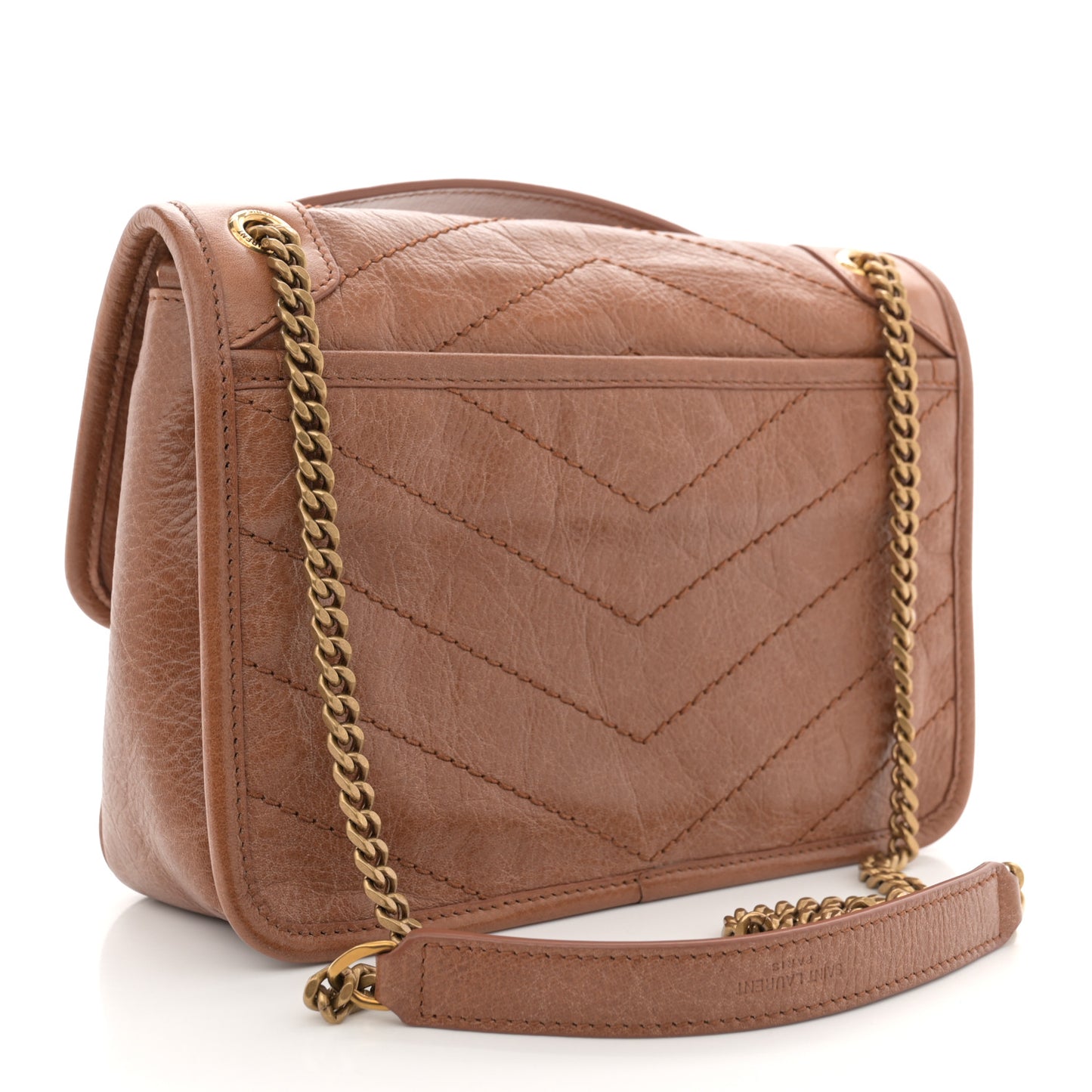 Crinkled Calfskin Matelasse Monogram Baby Niki Chain Satchel Light Caramel