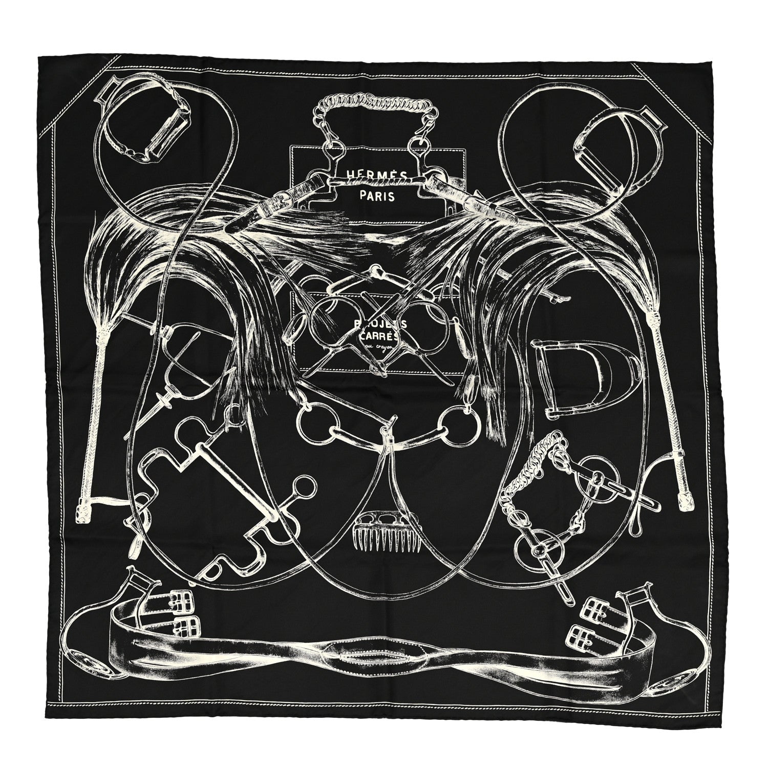 Hermes Silk Projets Carres Scarf 90 Black White 2 of 7