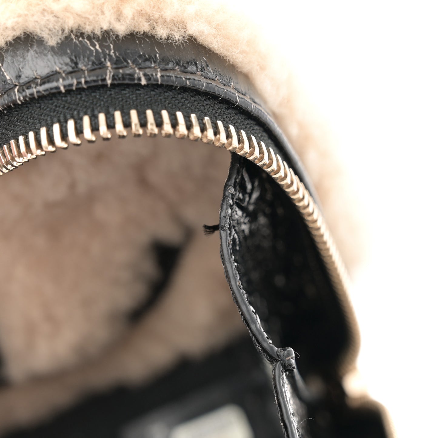 Shiny Crumpled Sheepskin Shearling Waist Bag Black Beige