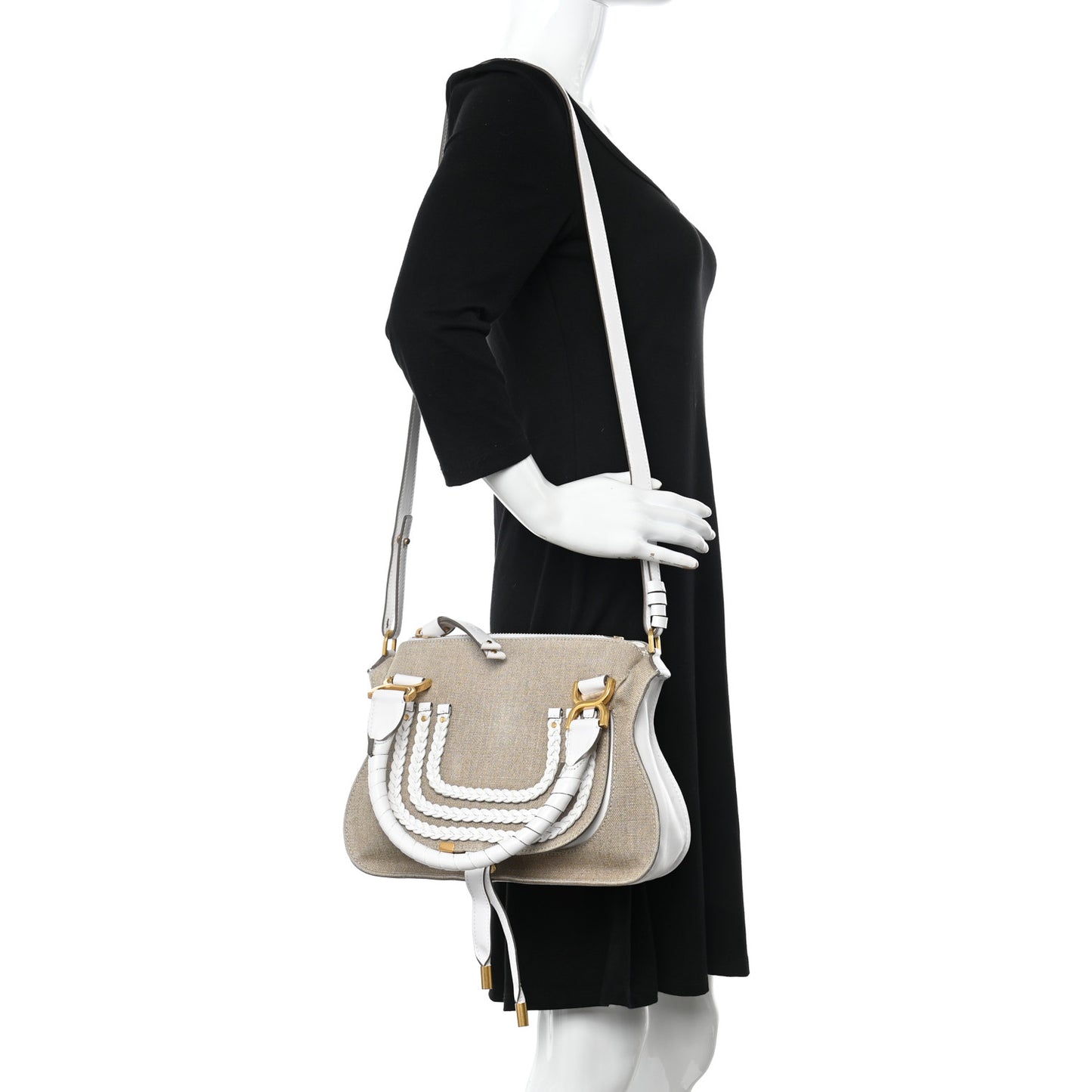 Canvas Calfskin Small Marcie Satchel White