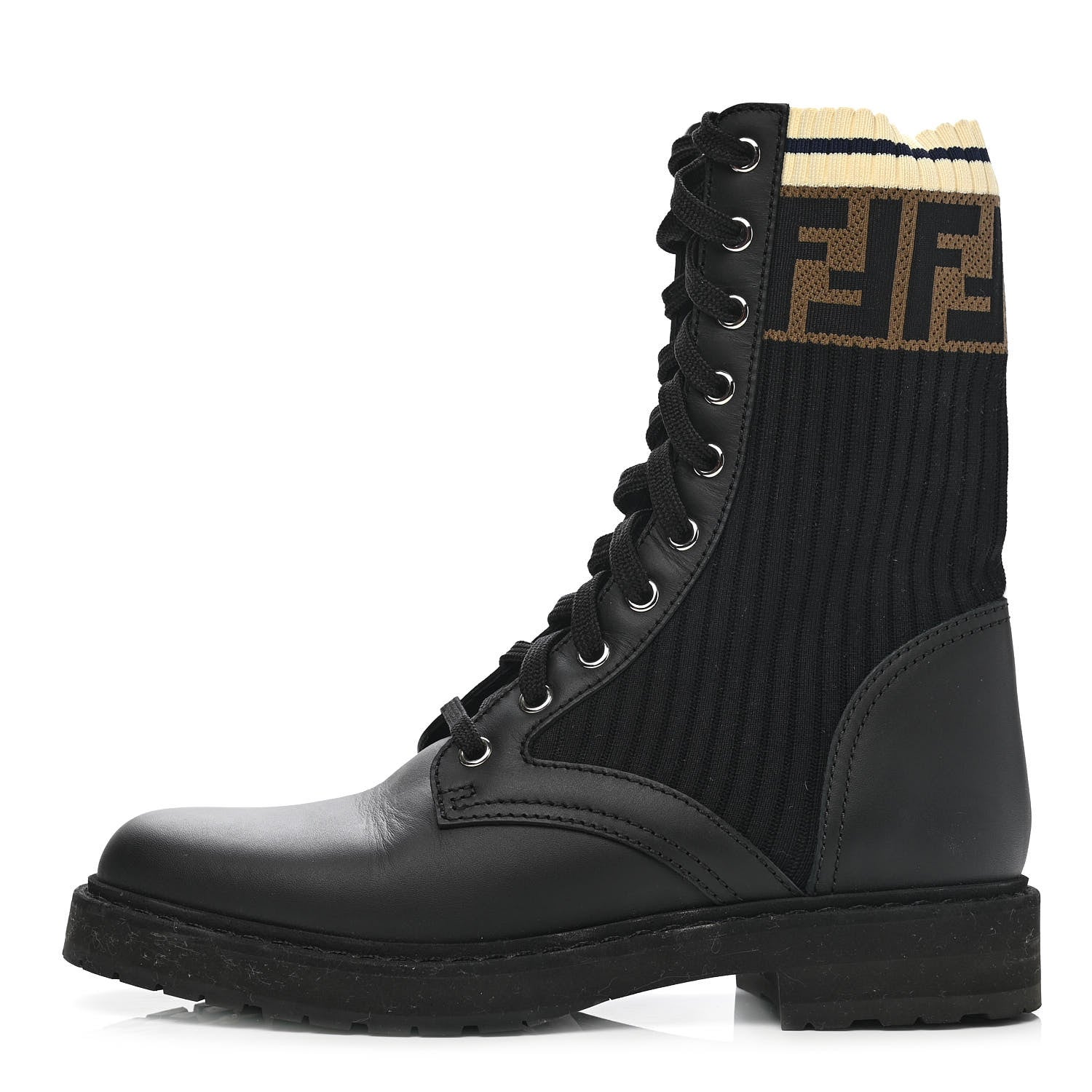 Fendi Calfskin Stretch Fabric Rockoko Biker Boots 36 Tobacco Black Marino 1 of 8