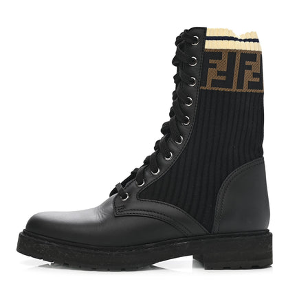 Fendi Calfskin Stretch Fabric Rockoko Biker Boots 36 Tobacco Black Marino 1 of 8