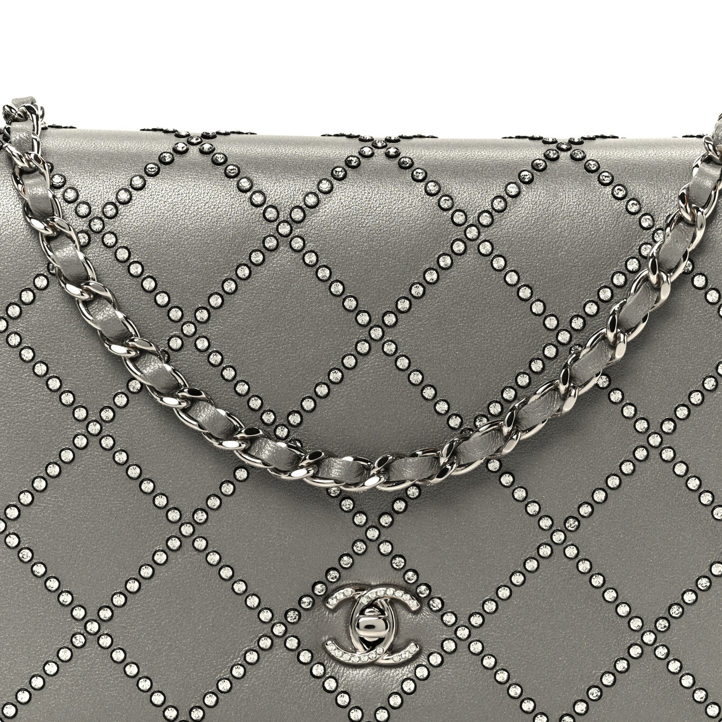 Lambskin Crystal Quilted Wallet On Chain WOC Grey
