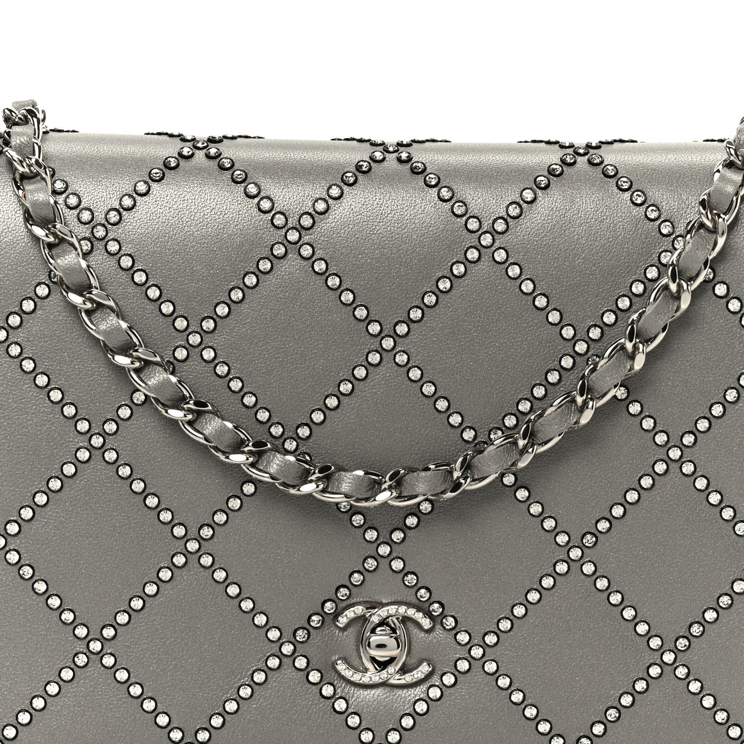 Chanel Lambskin Crystal Quilted Wallet On Chain WOC Grey 11 of 12