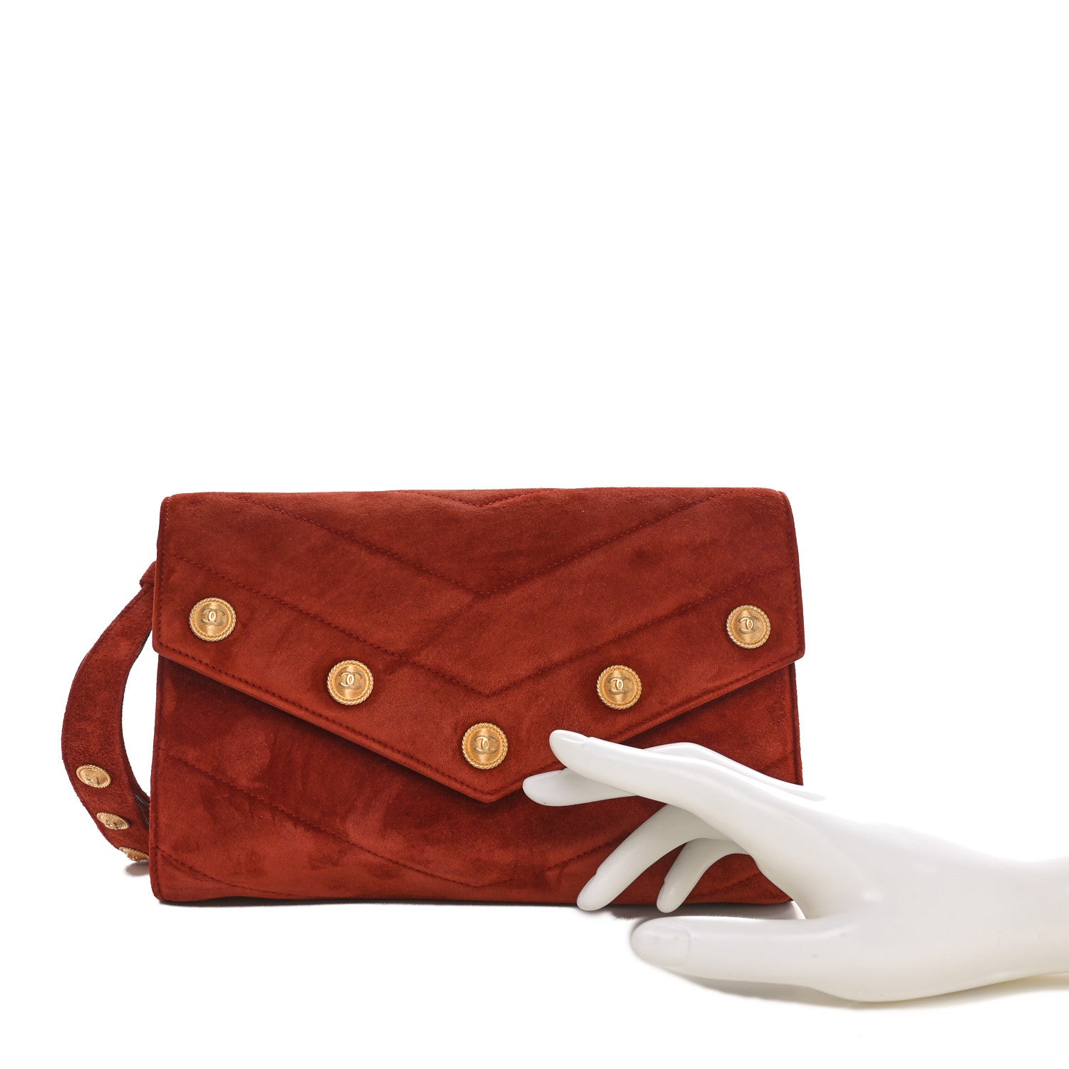 Chanel Suede Chevron Quilted Mini CC Button Clutch Red 2 of 10