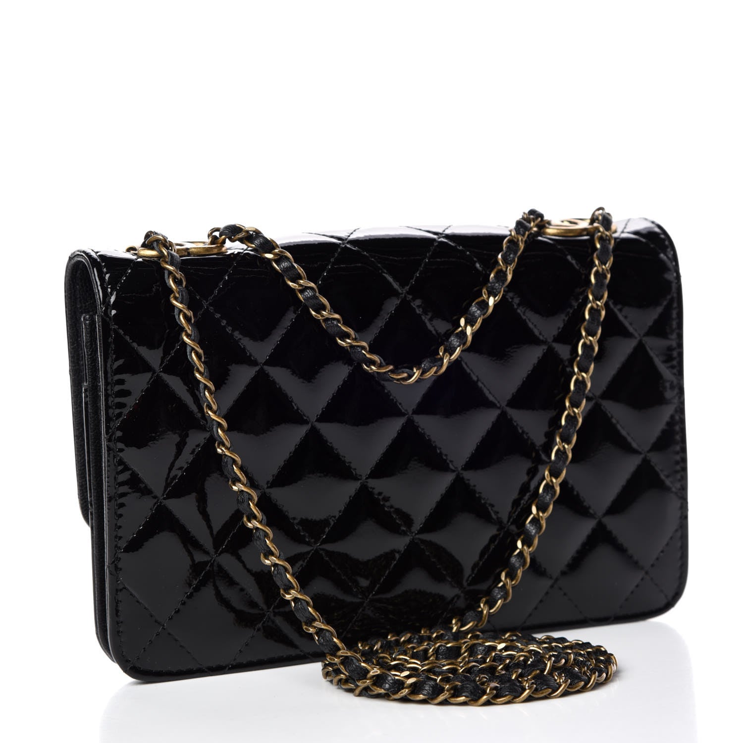 Chanel Patent Goatskin Quilted CC Eyelet Wallet On Chain WOC Black 3 of 10
