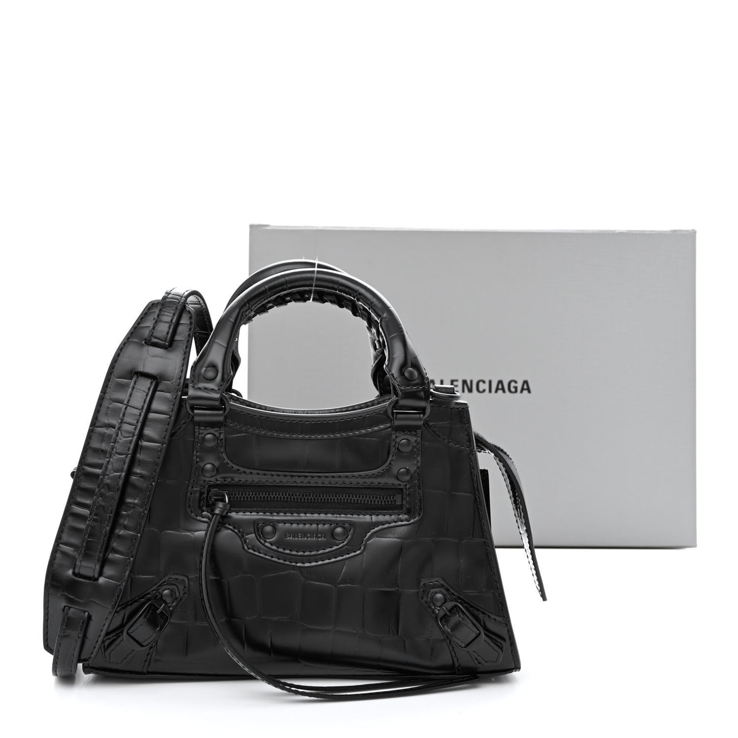 Semi Shiny Calfskin Crocodile Embossed Neo Classic Black Hardware Mini City Black