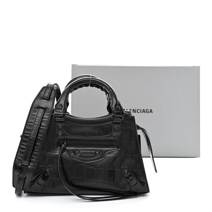 Balenciaga Semi Shiny Calfskin Crocodile Embossed Neo Classic Black Hardware Mini City Black 12 of 12