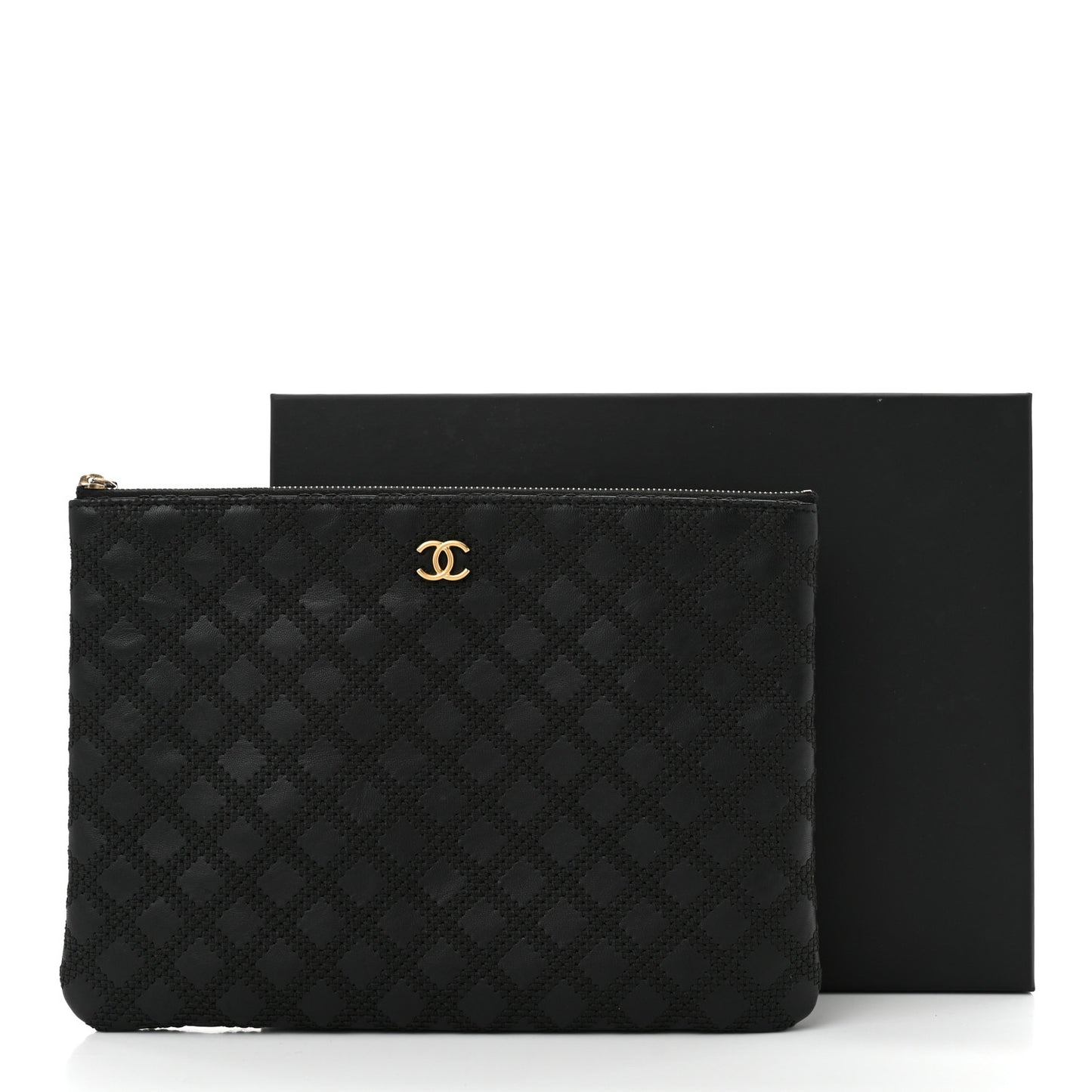 Lambskin Stitched Quilted Medium Cosmetic Case Black