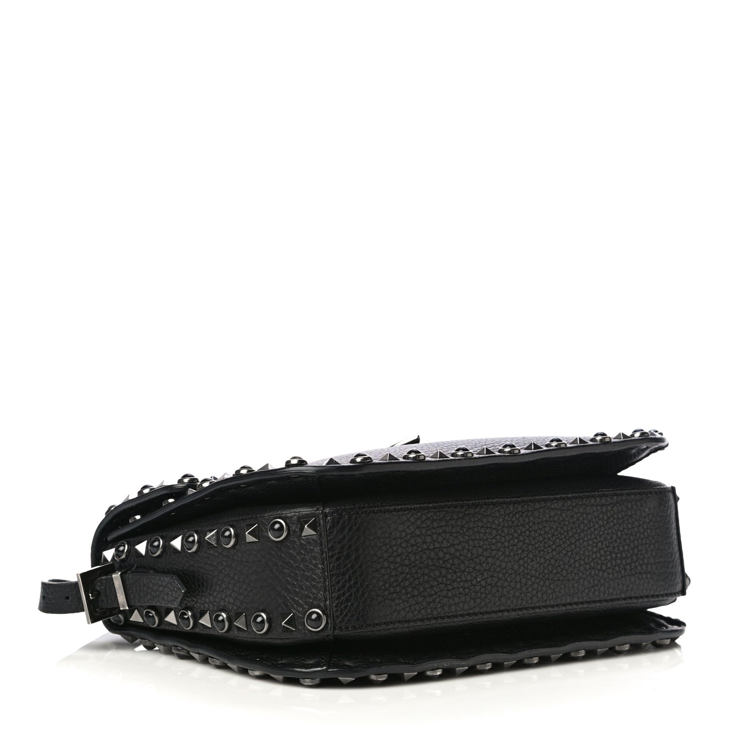 Pebbled Calfskin Onyx Medium Rockstud Rolling Flap Saddle Bag Black