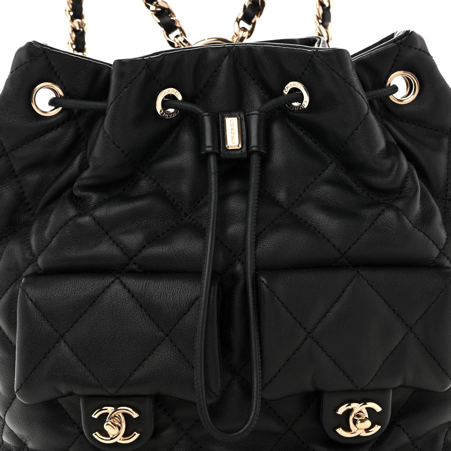 Chanel Lambskin Quilted Double Pocket Drawstring Backpack Black 8 of 10