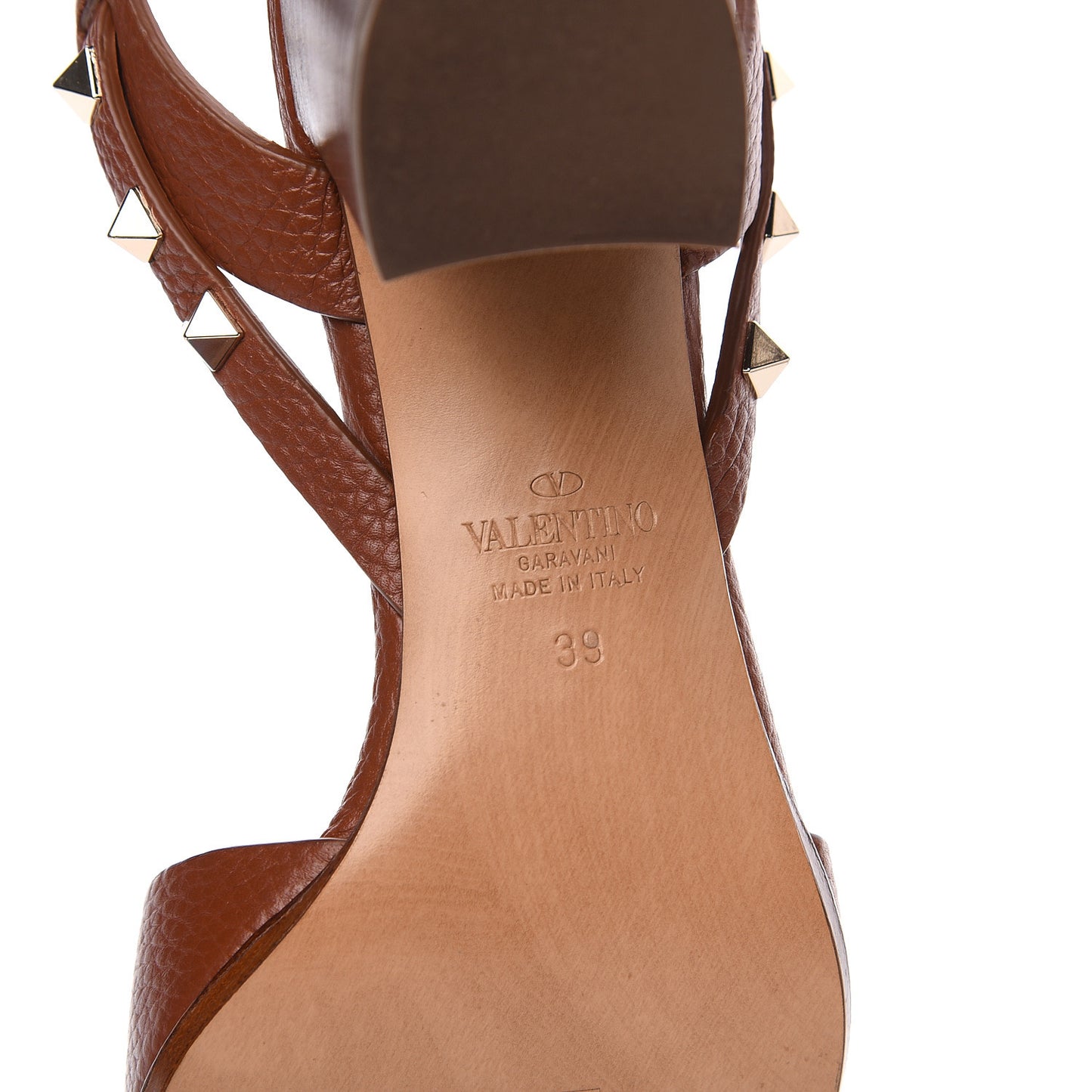 Pebbled Calfskin Rockstud Ankle Strap 60mm Sandals 39 Bright Cognac