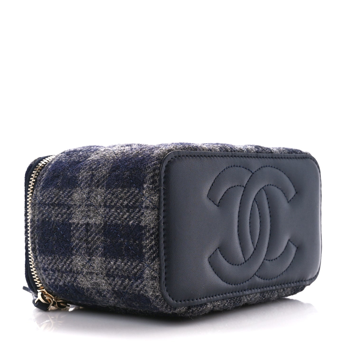 Wool Plaid Quilted Small Vanity Case With Chain Blue