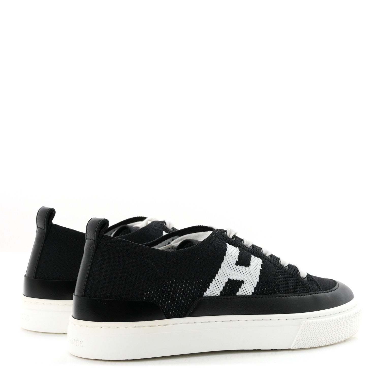 Hermes Knit Fabric Calfskin Deep Sneakers 36.5 Black White 5 of 9