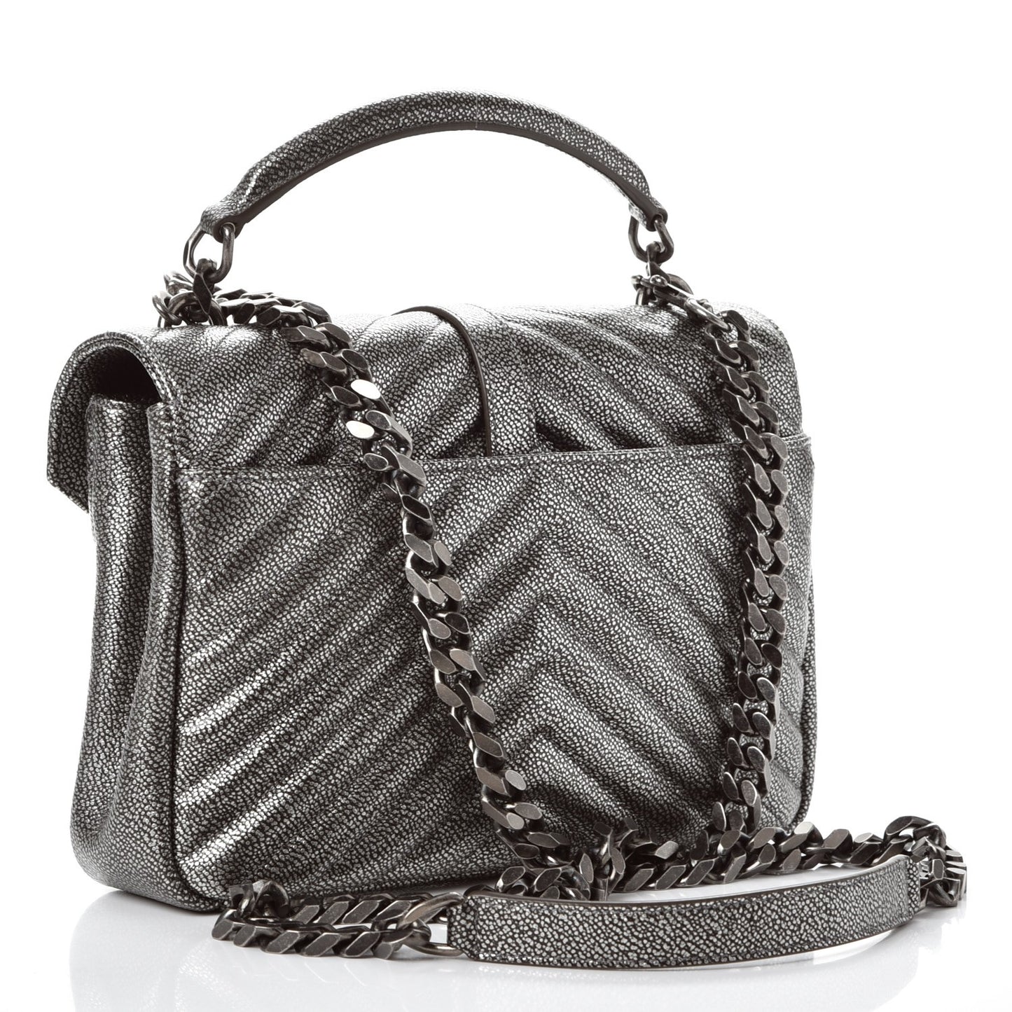Metallic Grain De Poudre Matelasse Chevron Monogram Medium College Bag Gunmetal
