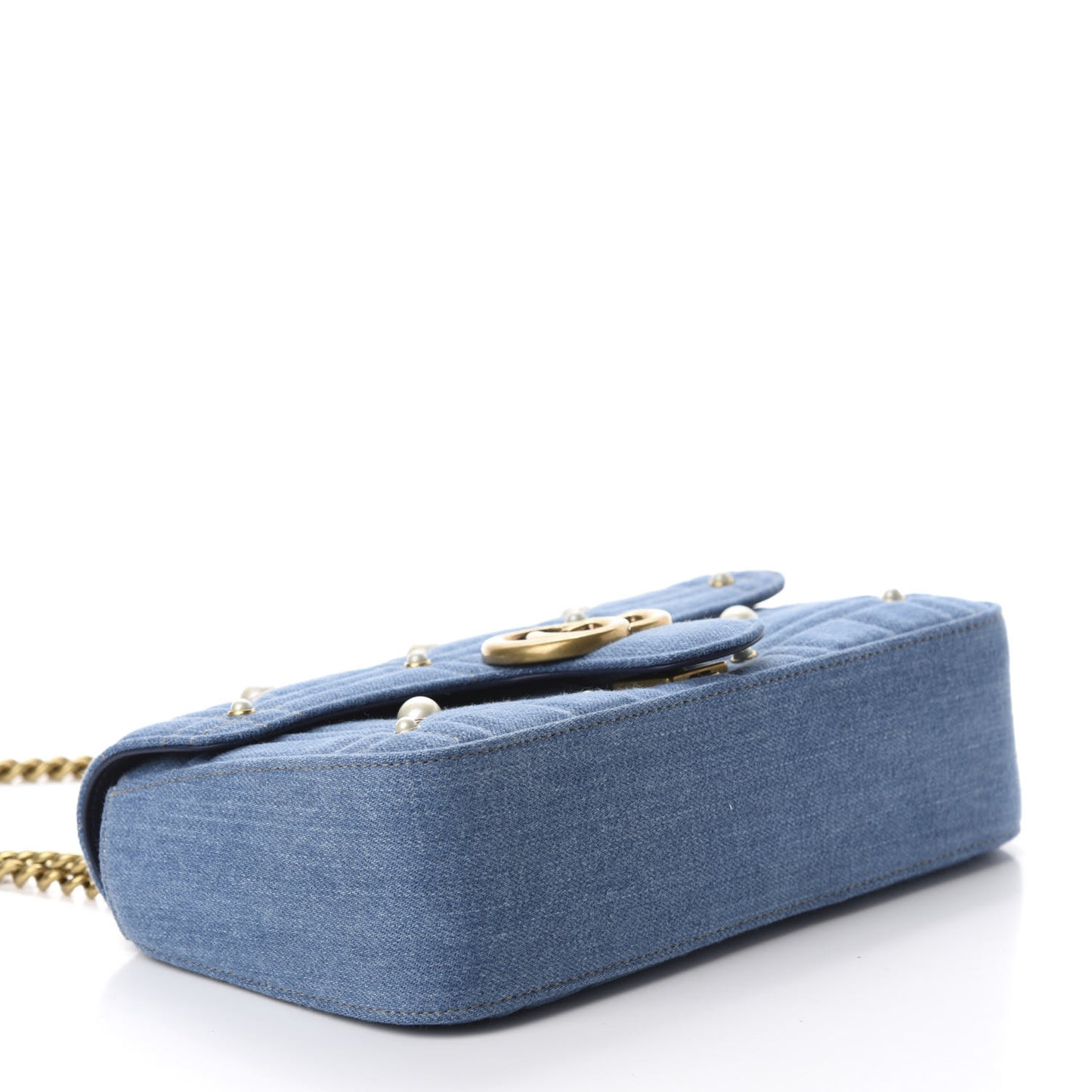 Denim Matelasse Pearl Studded Small GG Marmont Shoulder Bag Blue
