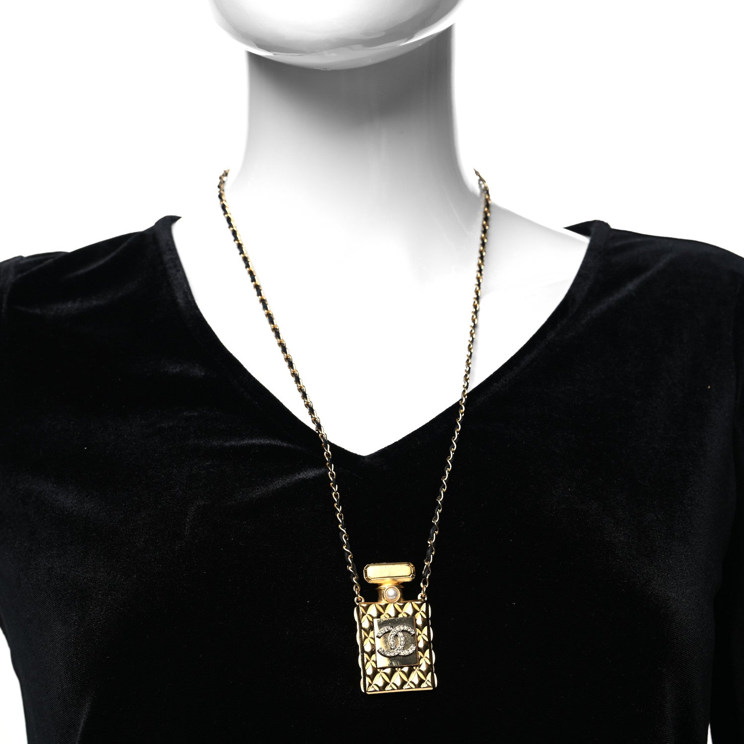 Chanel Crystal Pearl Perfume Bottle CC Necklace Gold 2 of 5