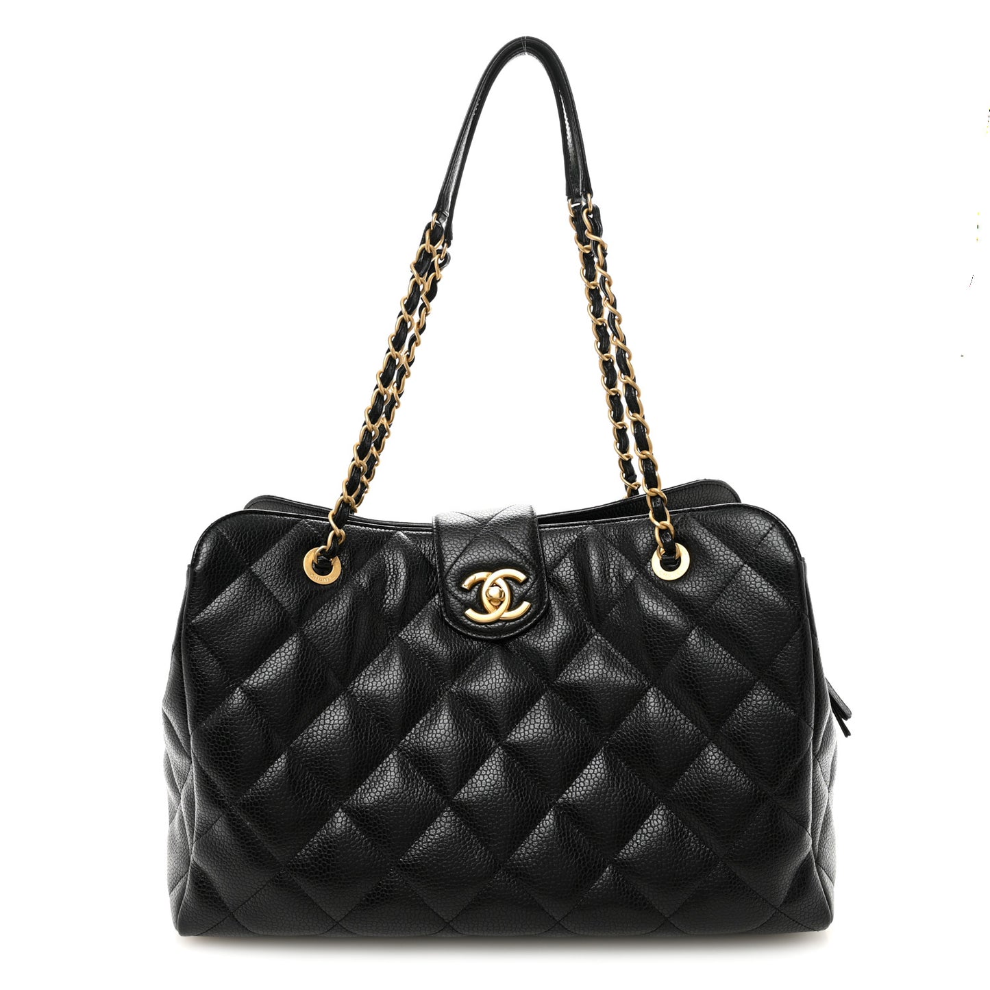 Metallic Grained Calfskin Quilted Shopping Tote Black