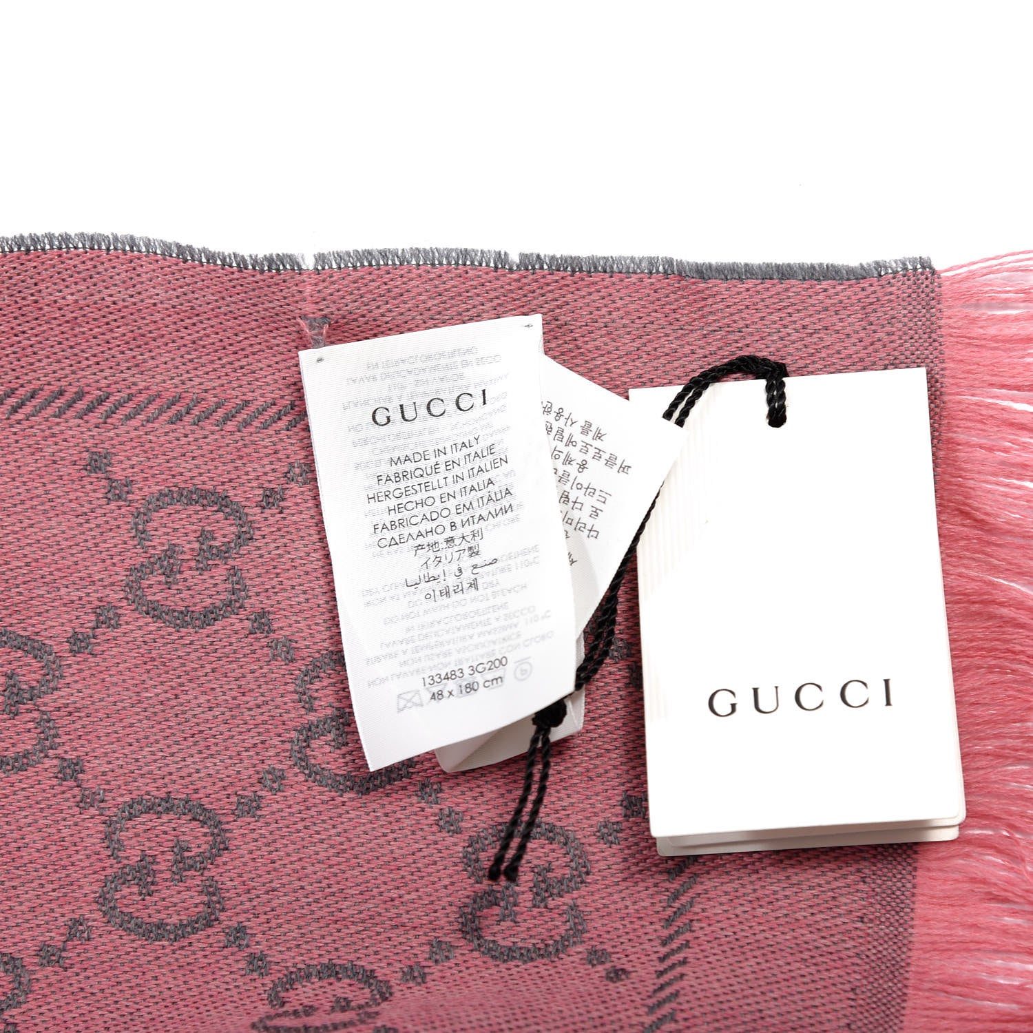 Gucci Wool Jacquard GG Monogram Sten Fringe Scarf Graphite Pink 4 of 4