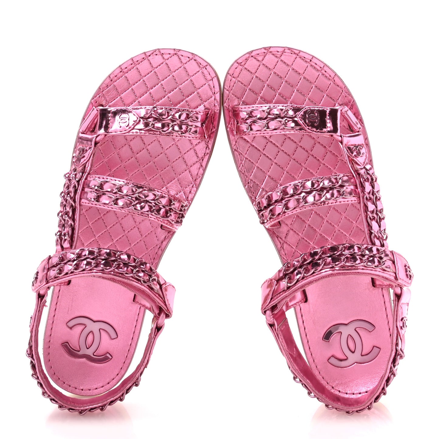 Metallic Laminated Goatskin Chain Flat Sandals 37.5 Pink