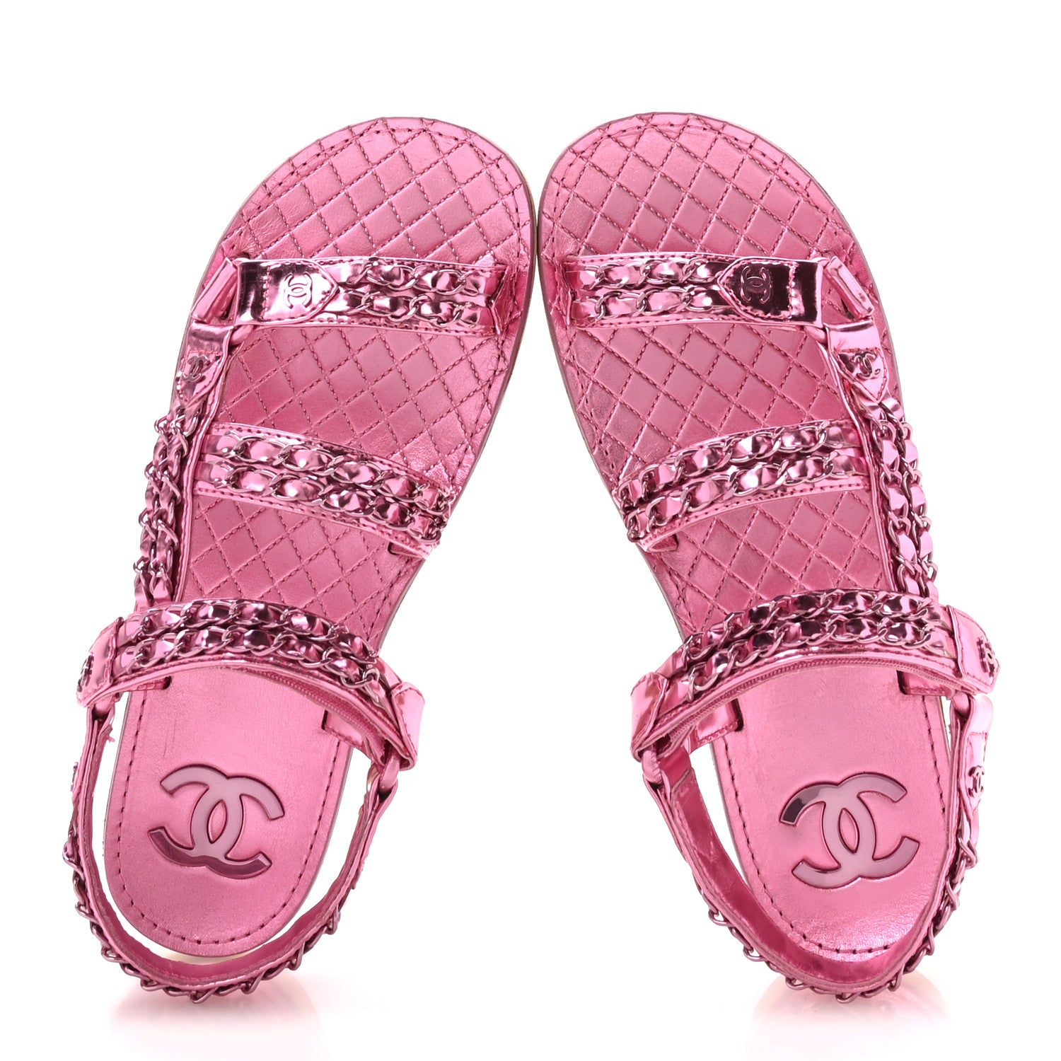 Chanel Metallic Laminated Goatskin Chain Flat Sandals 37.5 Pink 2 of 8