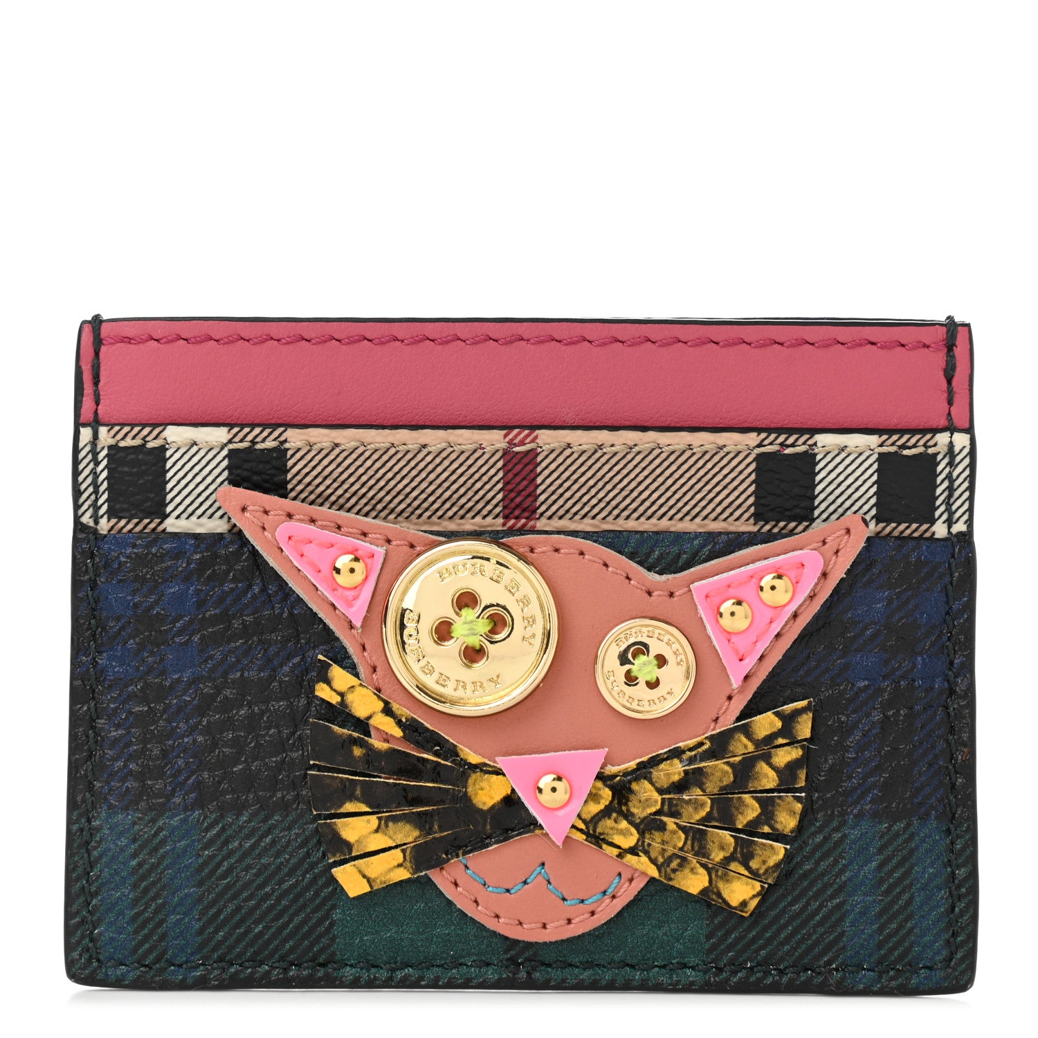 Burberry Calfskin Haymarket Check Cat Appliqué Card Case Multicolor 1 of 7