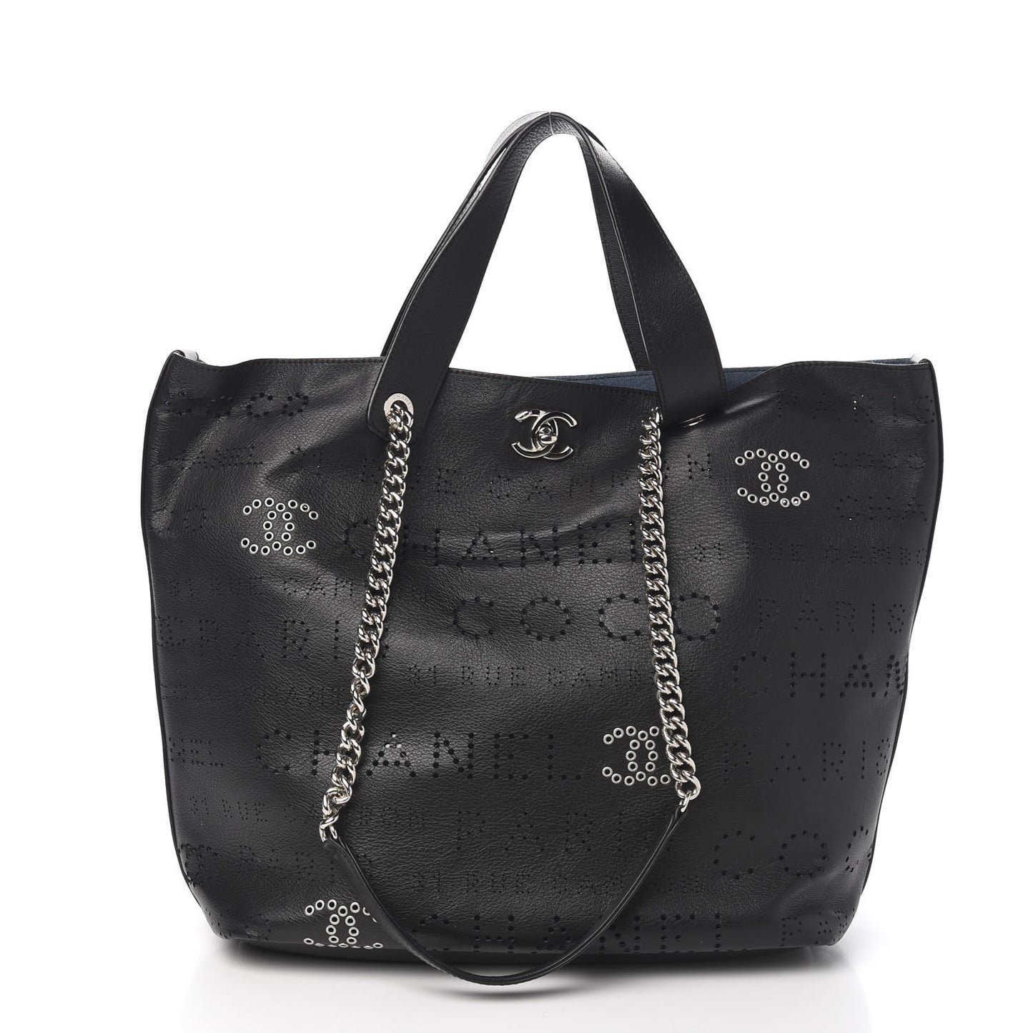 Calfskin Tweed Small Logo Eyelets Shopping Tote Black