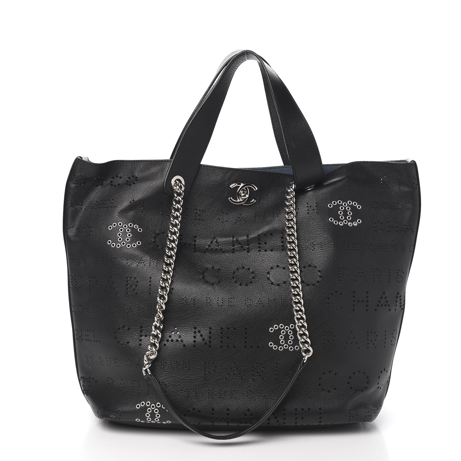Chanel Calfskin Tweed Small Logo Eyelets Shopping Tote Black 2 of 10