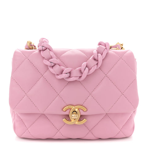 Lambskin Quilted Mini Lacquered Chain Flap Pink