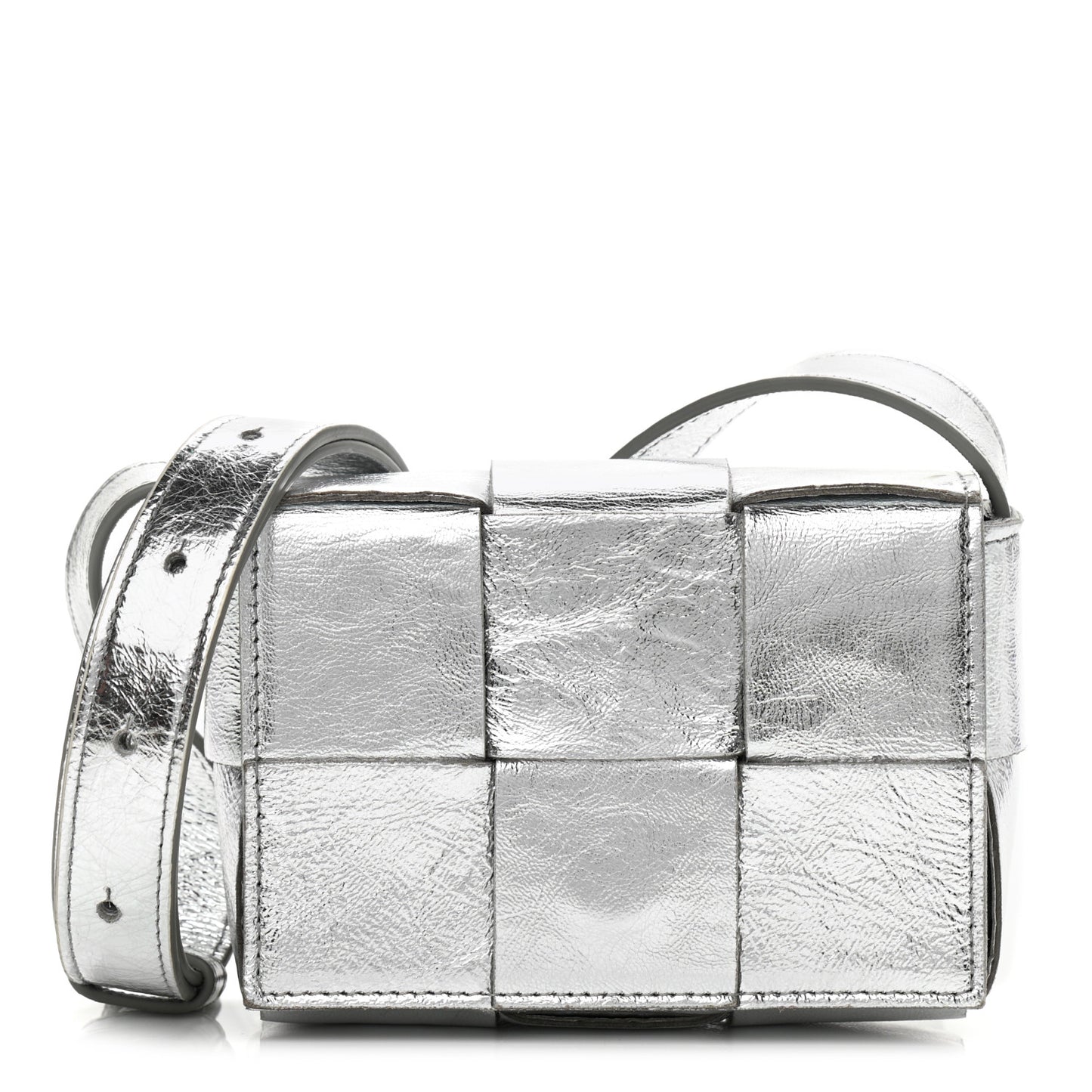 Metallic Lambskin Maxi Intrecciato Extra Mini Cassette Crossbody Bag Silver