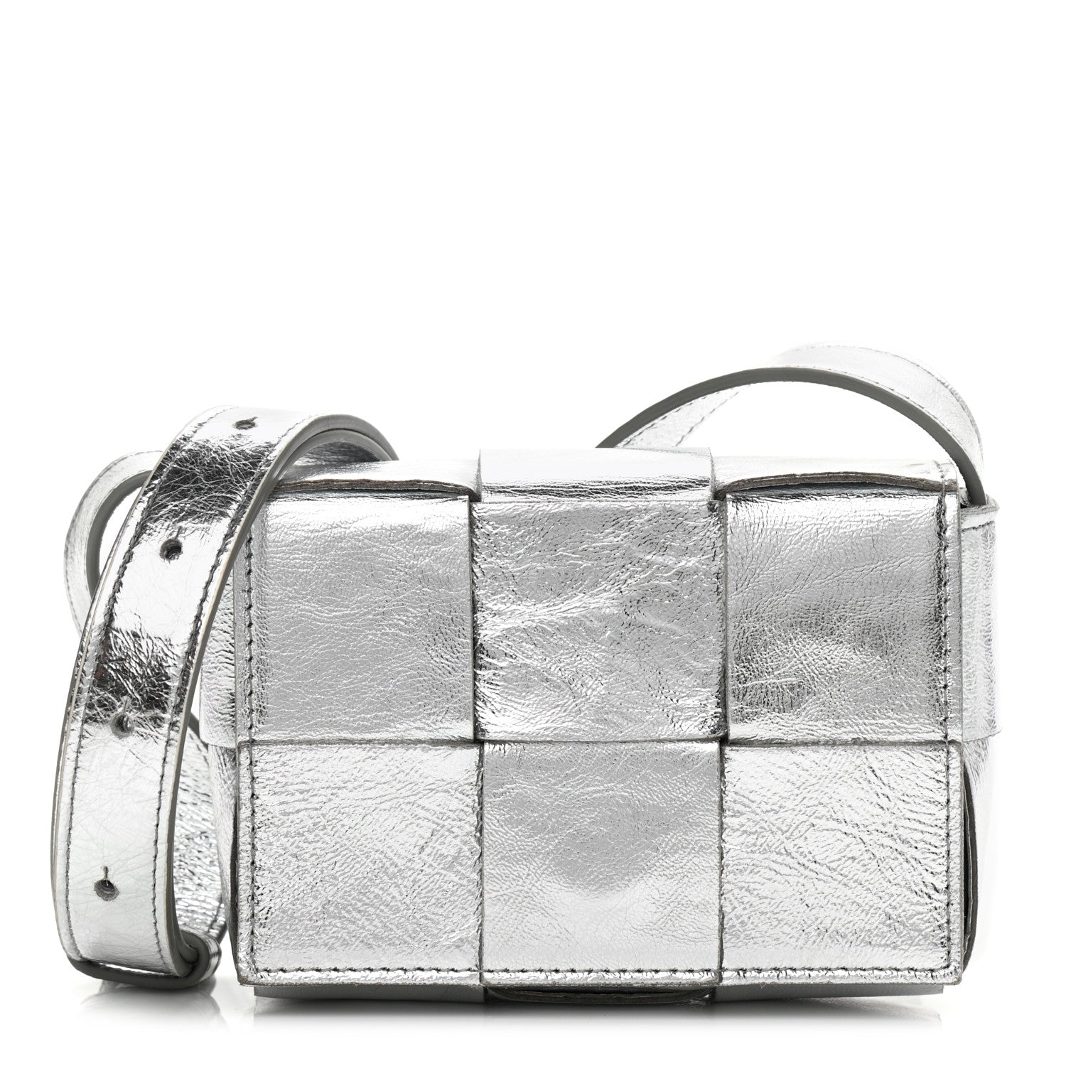 Bottega Veneta Metallic Lambskin Maxi Intrecciato Extra Mini Cassette Crossbody Bag Silver 1 of 9